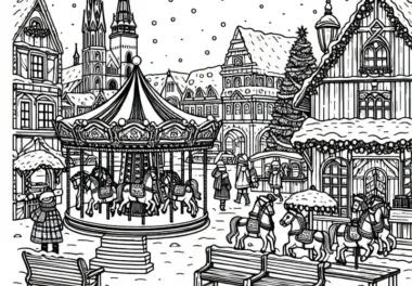 Weihnachtsmarkt mit Holzbuden und Kinderkarussell Malvorlage – Kostenloser Download