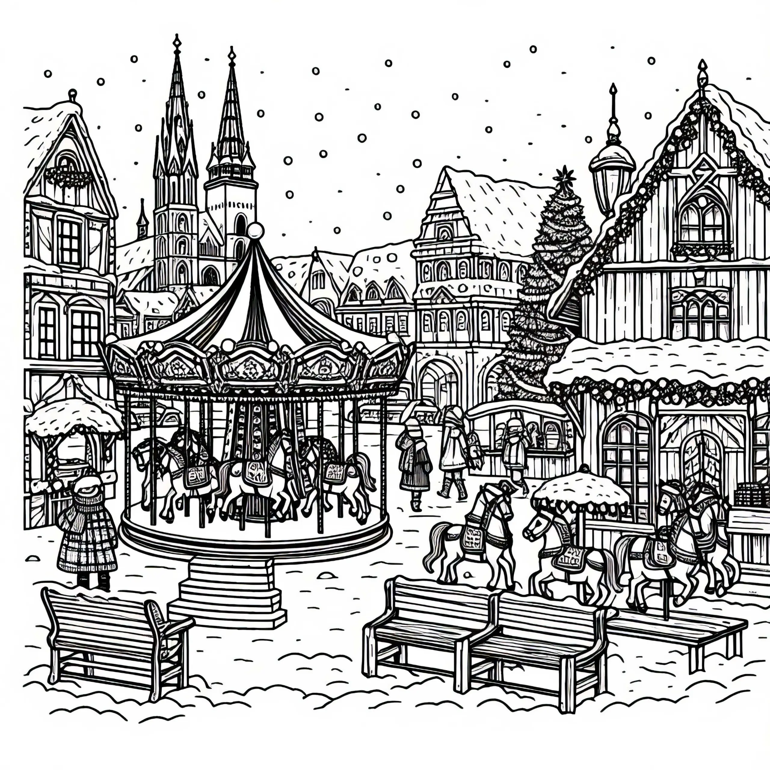 Weihnachtsmarkt mit Holzbuden und Kinderkarussell Malvorlage – Kostenloser Download (Ausmalbild)