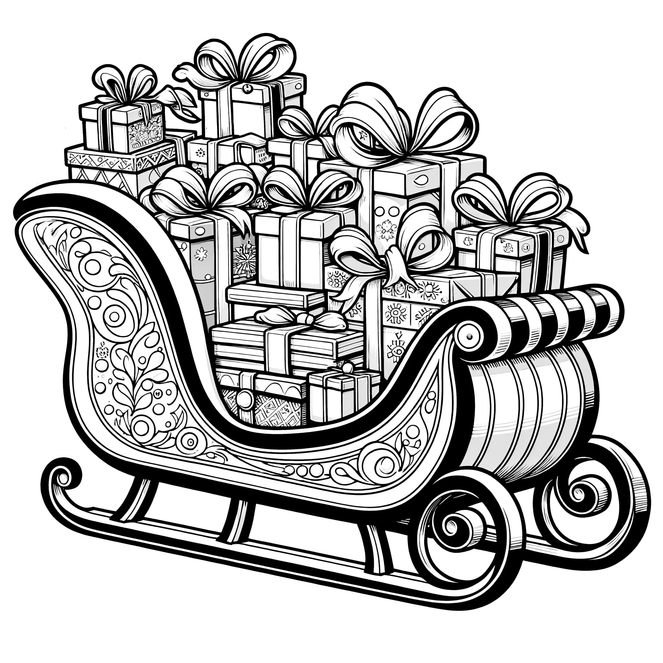 Weihnachtsschlitten mit Geschenken: Ohne Anmeldung, sofort verfügbar und gratis (Ausmalbild)