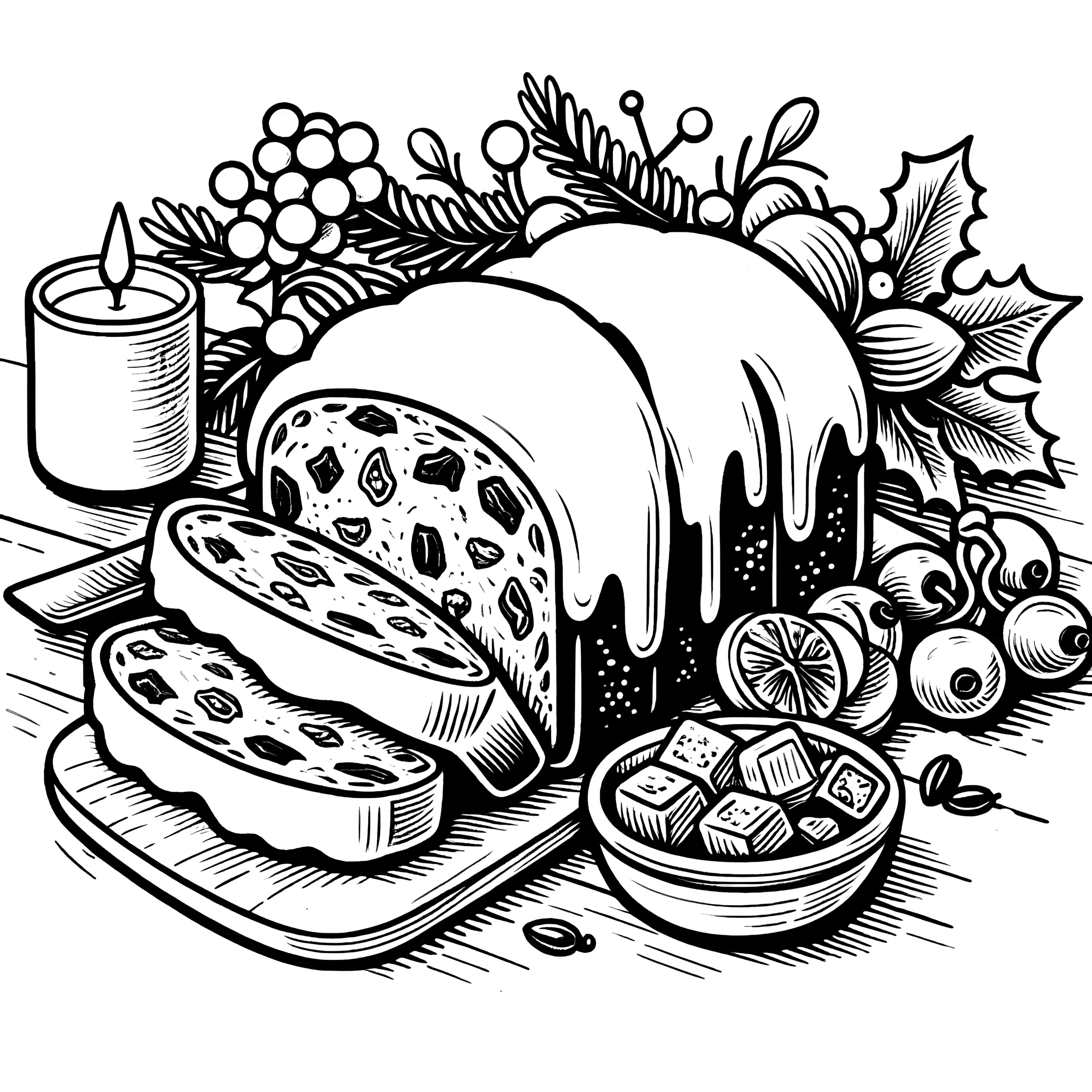 Weihnachtsstollen & Kerze: einfache Malvorlage (Ausmalbild)