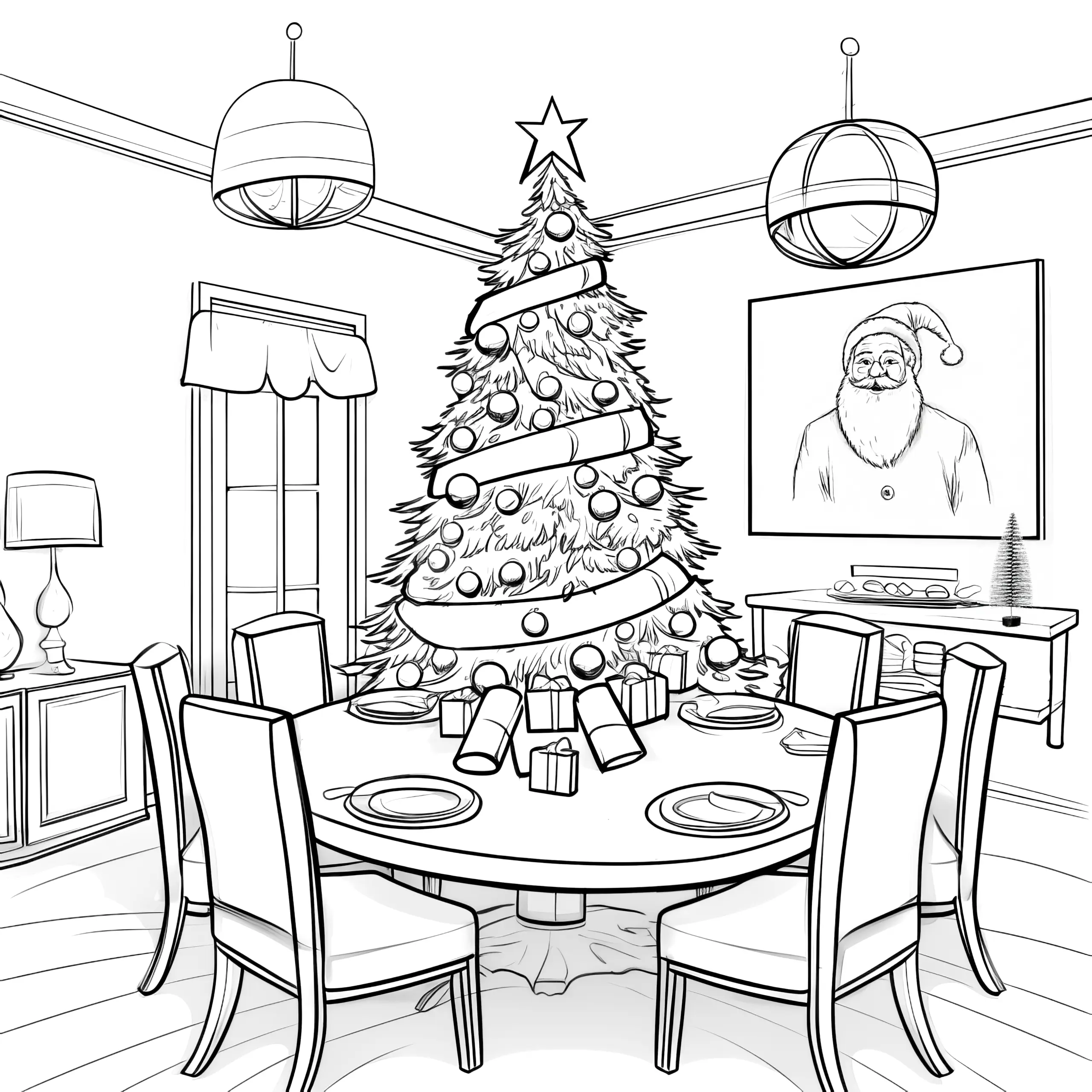 Weihnachtszimmer mit Tannenbaum zum Ausmalen (Ausmalbild)