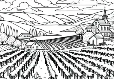 Weinberg auf Hügel mit Blick ins Tal – Ausmalbild kostenlos