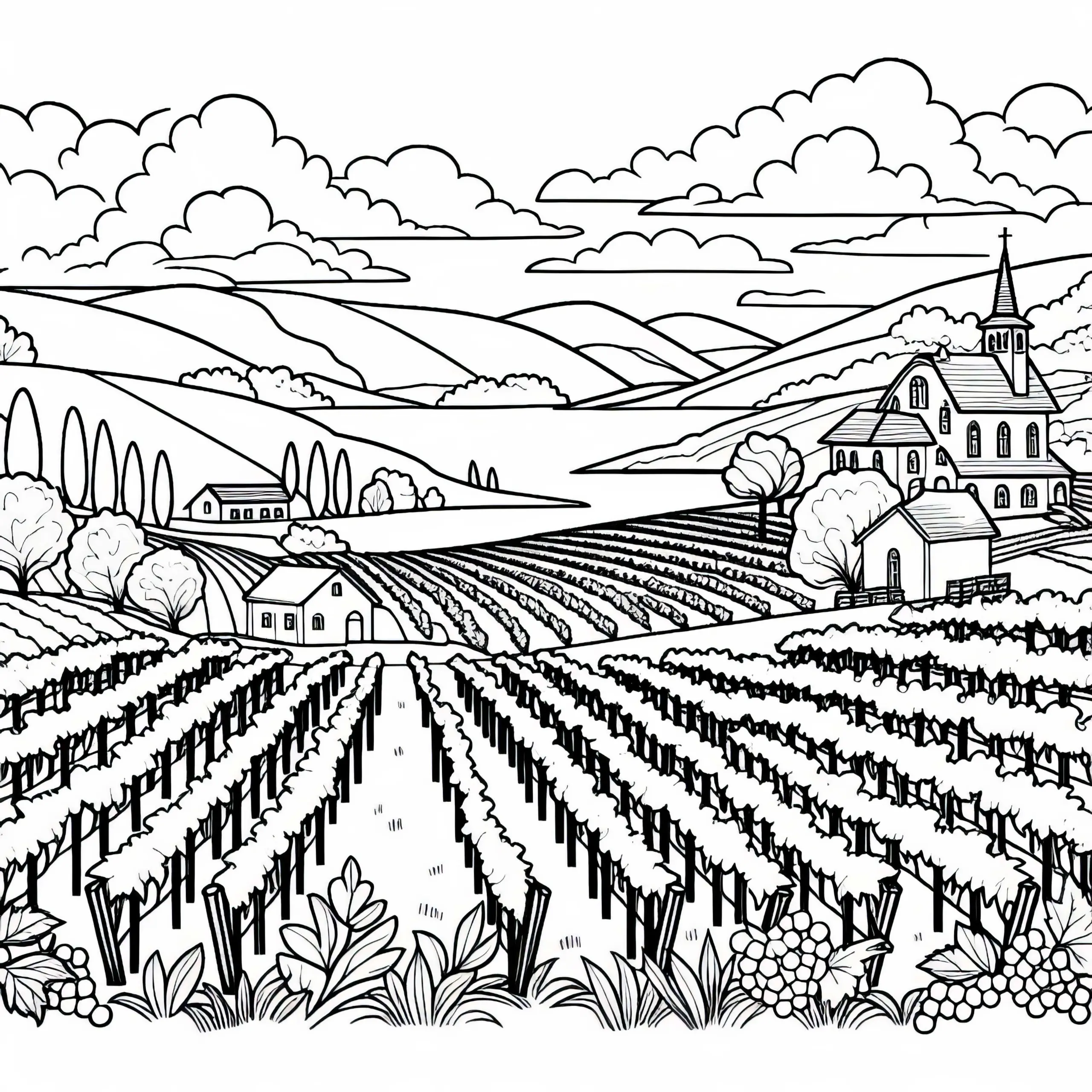 Weinberg auf Hügel mit Blick ins Tal – Ausmalbild kostenlos