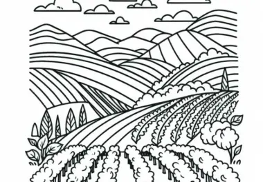Weinberg auf Hügel mit Blick ins Tal – Malvorlage für Landschaft