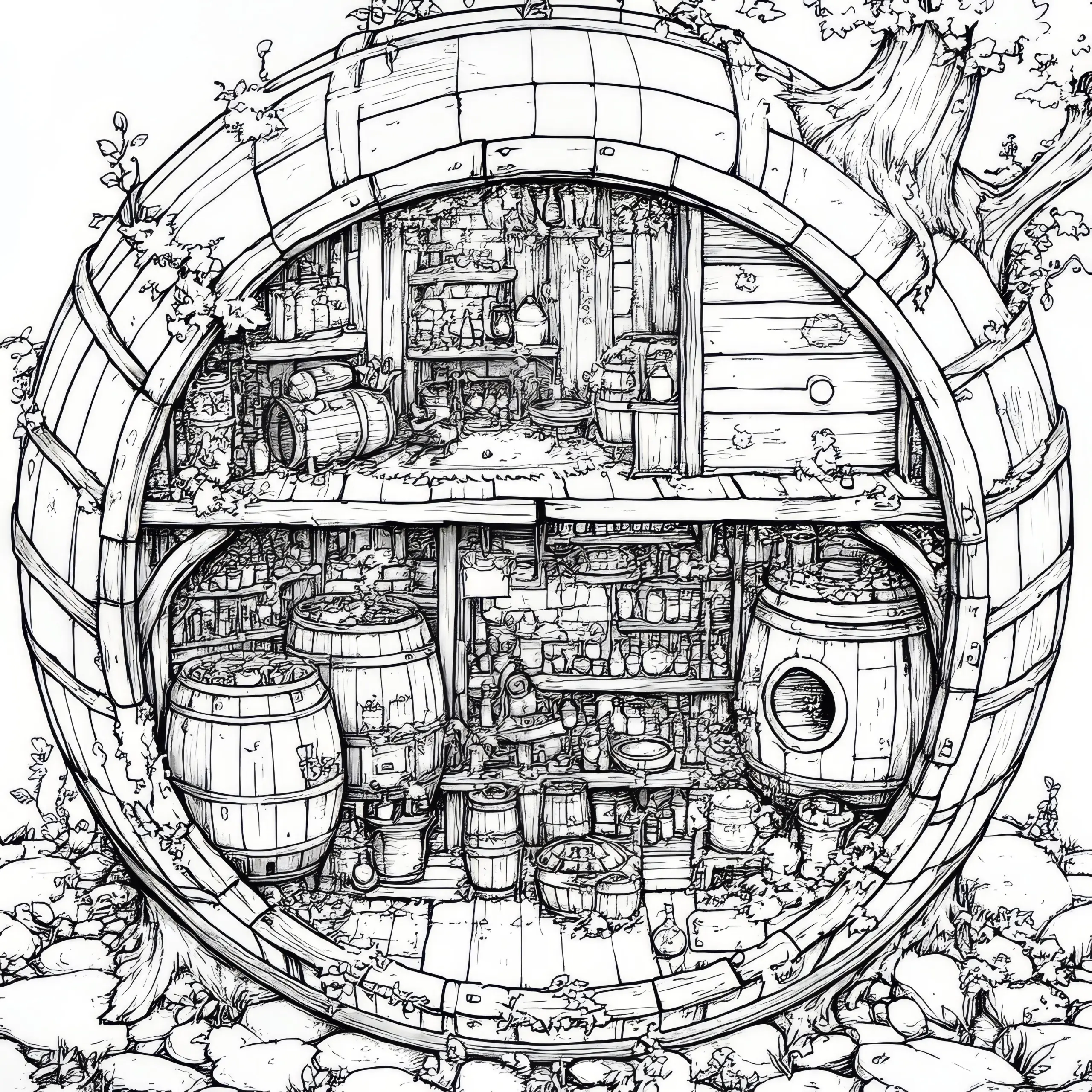 Weinfass als Wimmelbild: Malvorlage zum Herunterladen (Kostenlos) (Ausmalbild)