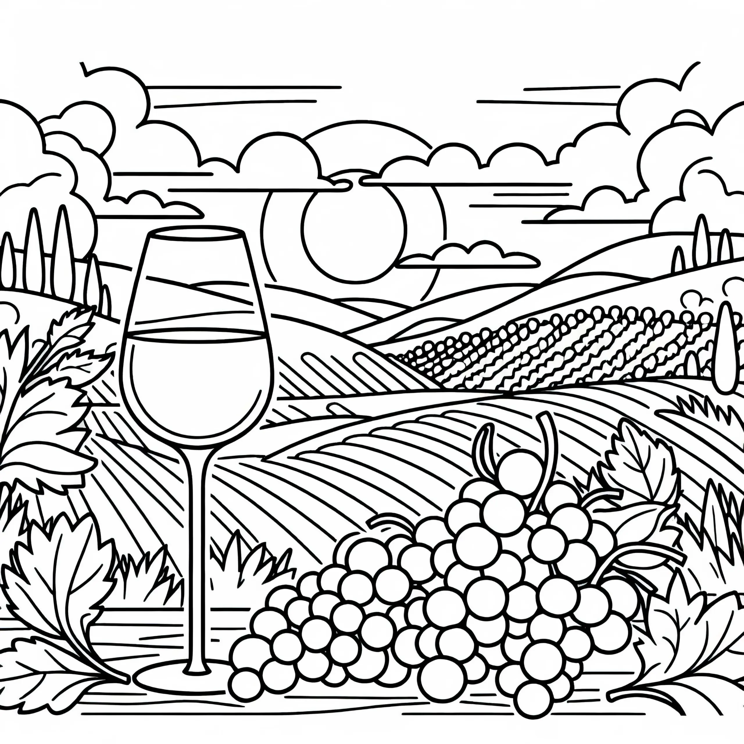 Weinglas mit Trauben daneben – Malvorlage Weinberg kostenlos (Ausmalbild)