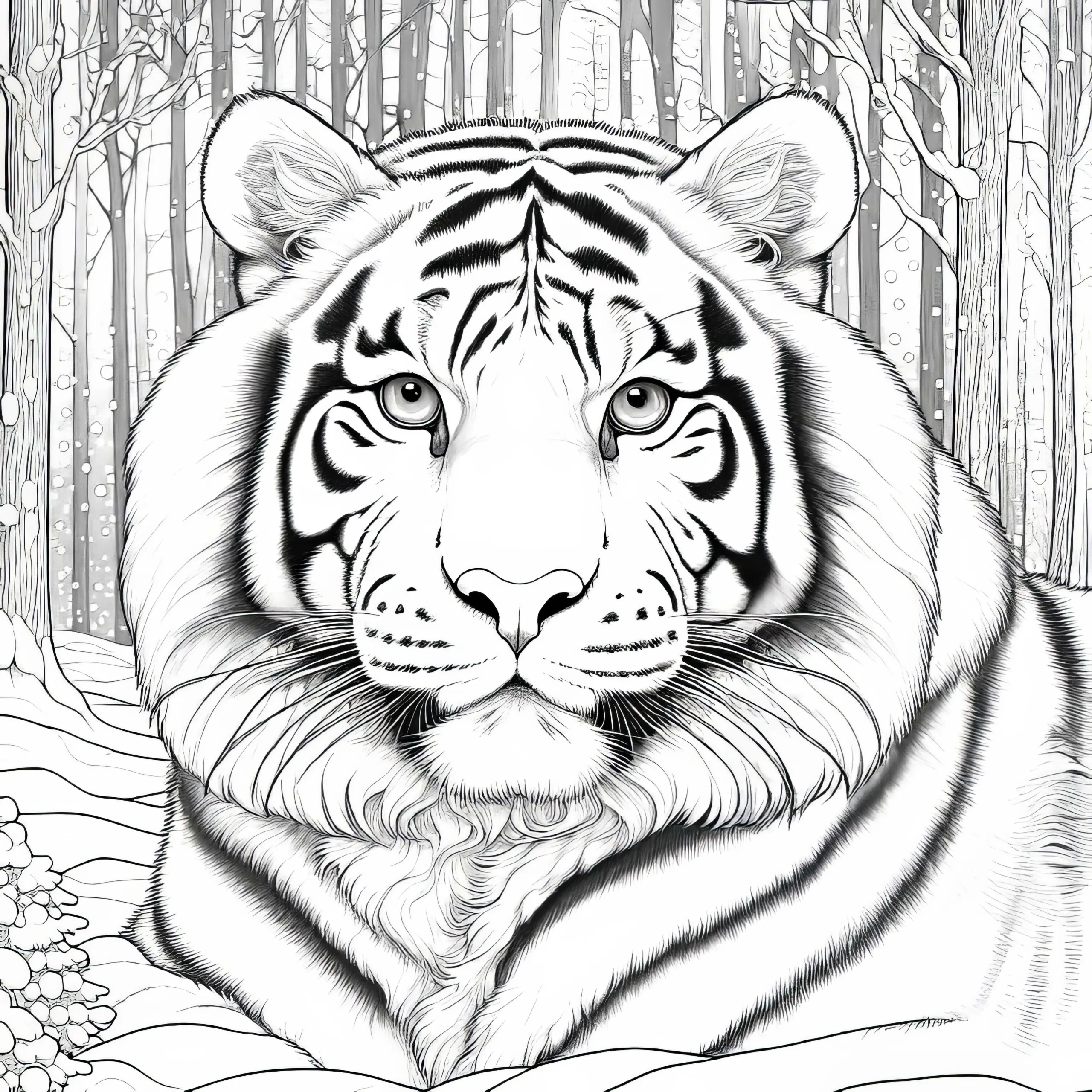 Weißer Tiger im schneebedeckten Wald: Kostenloses Ausmalbild