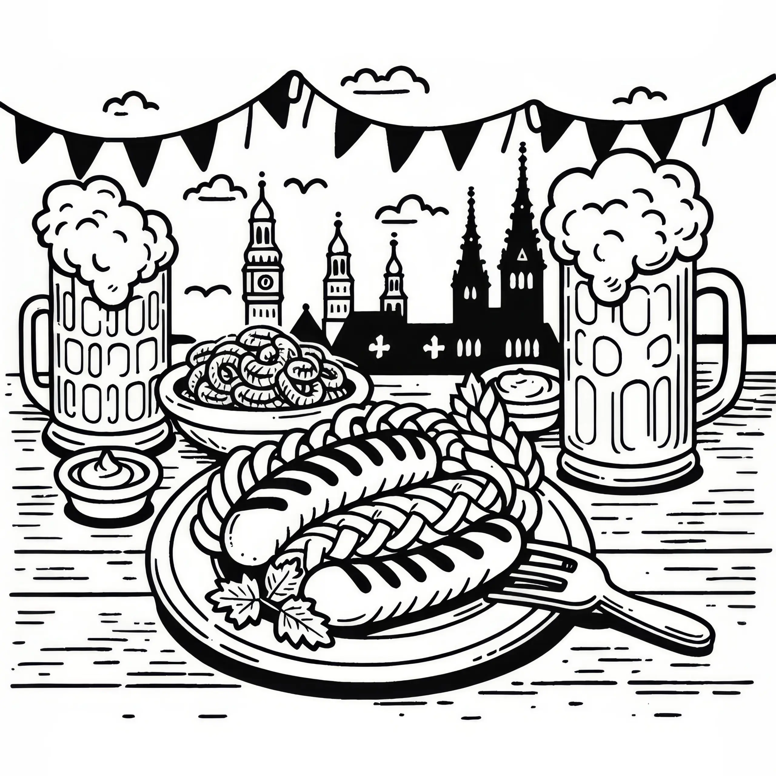 Weißwurst mit Senf auf einem Teller zum Oktoberfest: Kostenloses Ausmalbild
