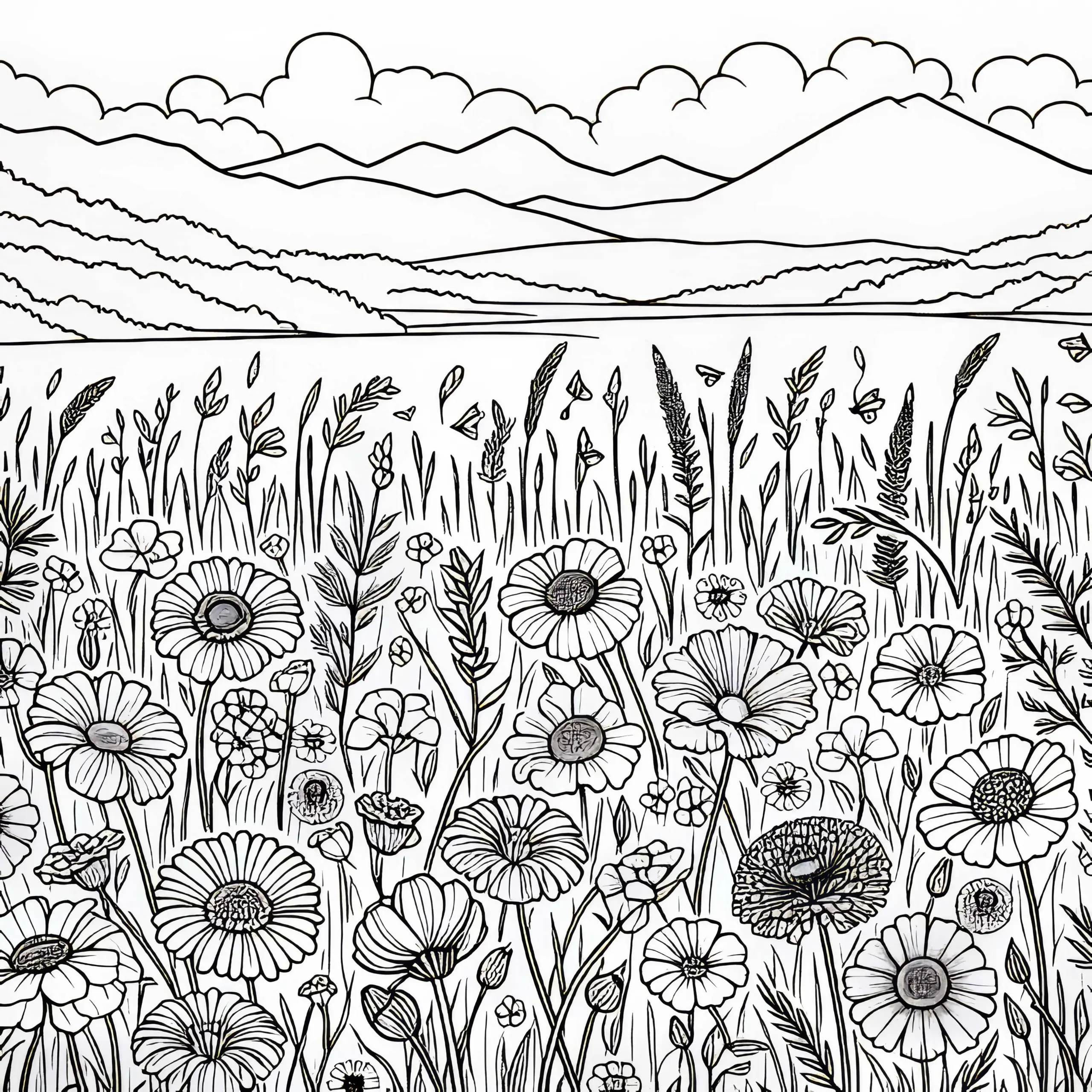 Weite Wiese mit Blumen und Gräsern – Ausmalbild kostenlos