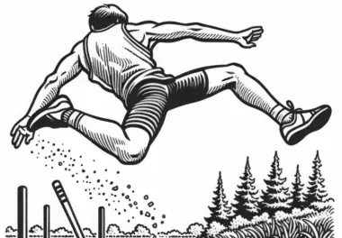 Weitspringer fliegt durch die Luft in die Sandgrube – Malvorlage Leichtathletik kostenlos