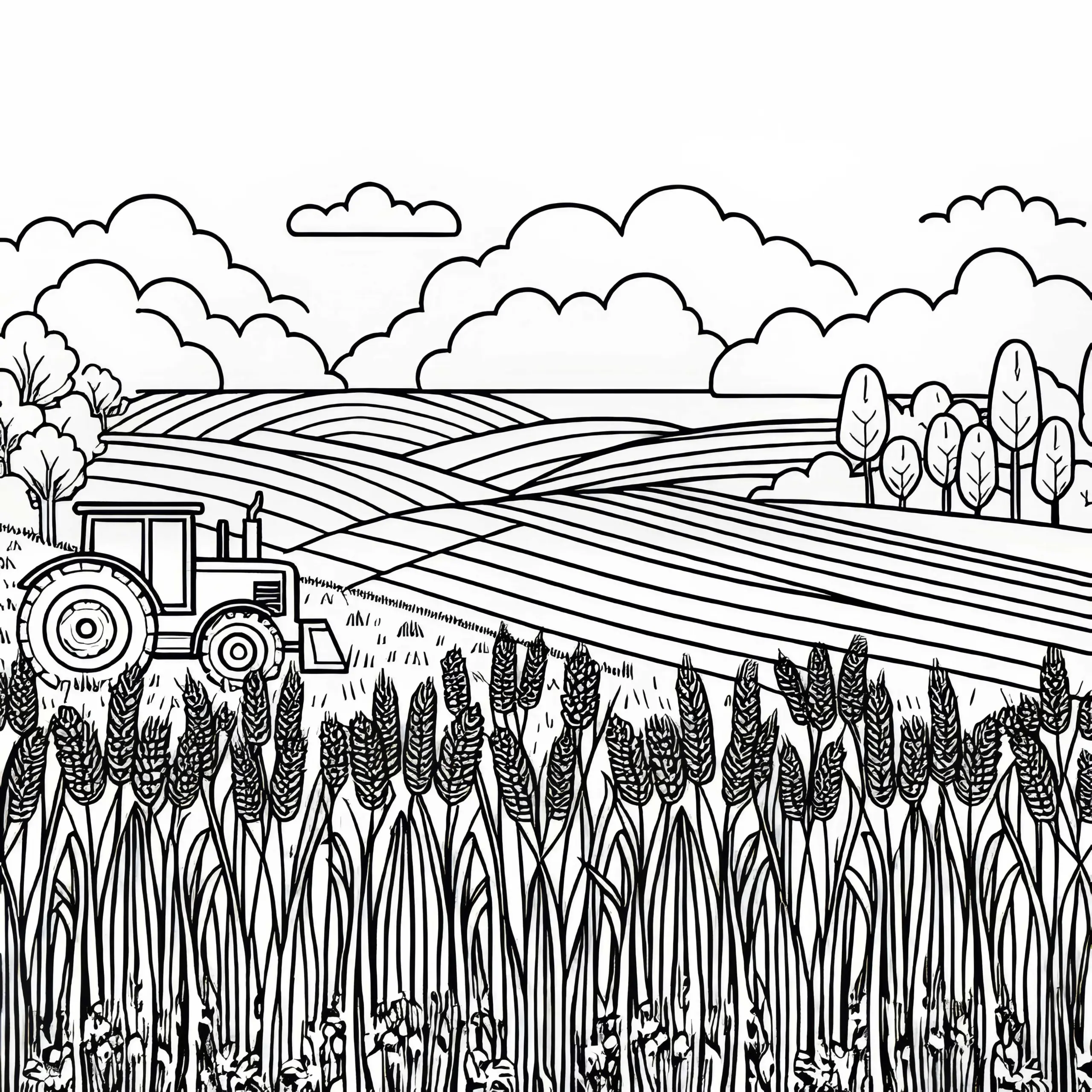 Weizenfelder mit Traktor – Ausmalbild kostenlos
