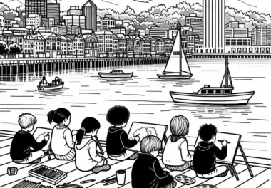 Wellington: Kinder sitzen am Hafen – Ausmalbild gratis