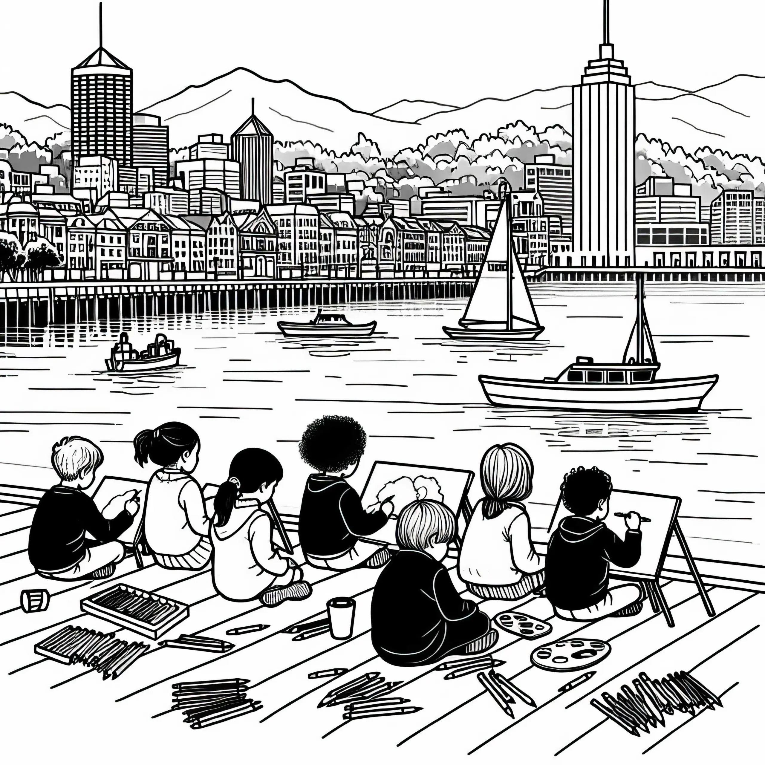 Wellington: Kinder sitzen am Hafen – Ausmalbild gratis