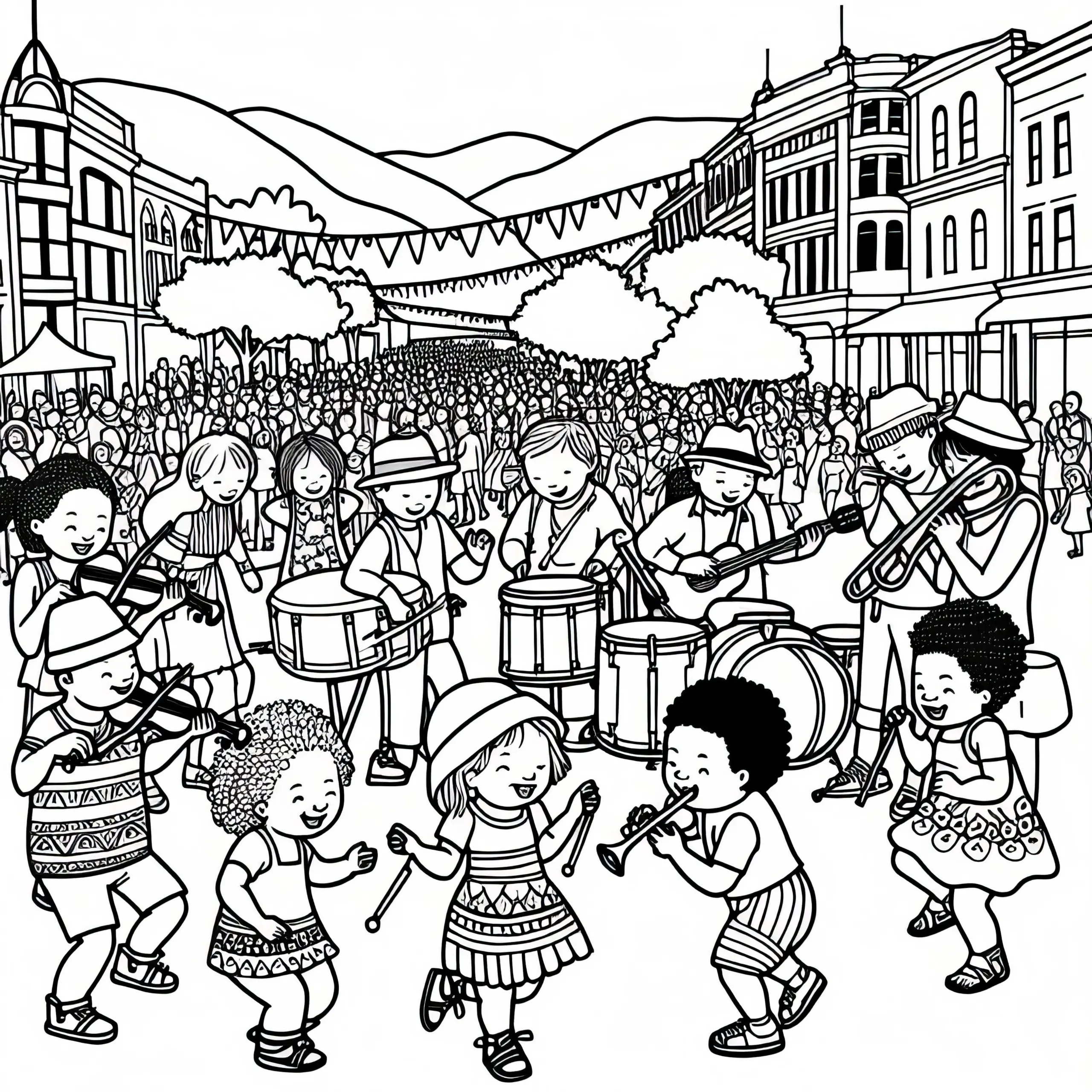 Wellington Straßenfest mit Musikern – Malvorlage Kostenlos (Ausmalbild)