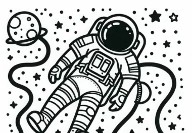 Überschrift: Weltraumspaziergang eines Astronauten – Malvorlage einfach kostenlos