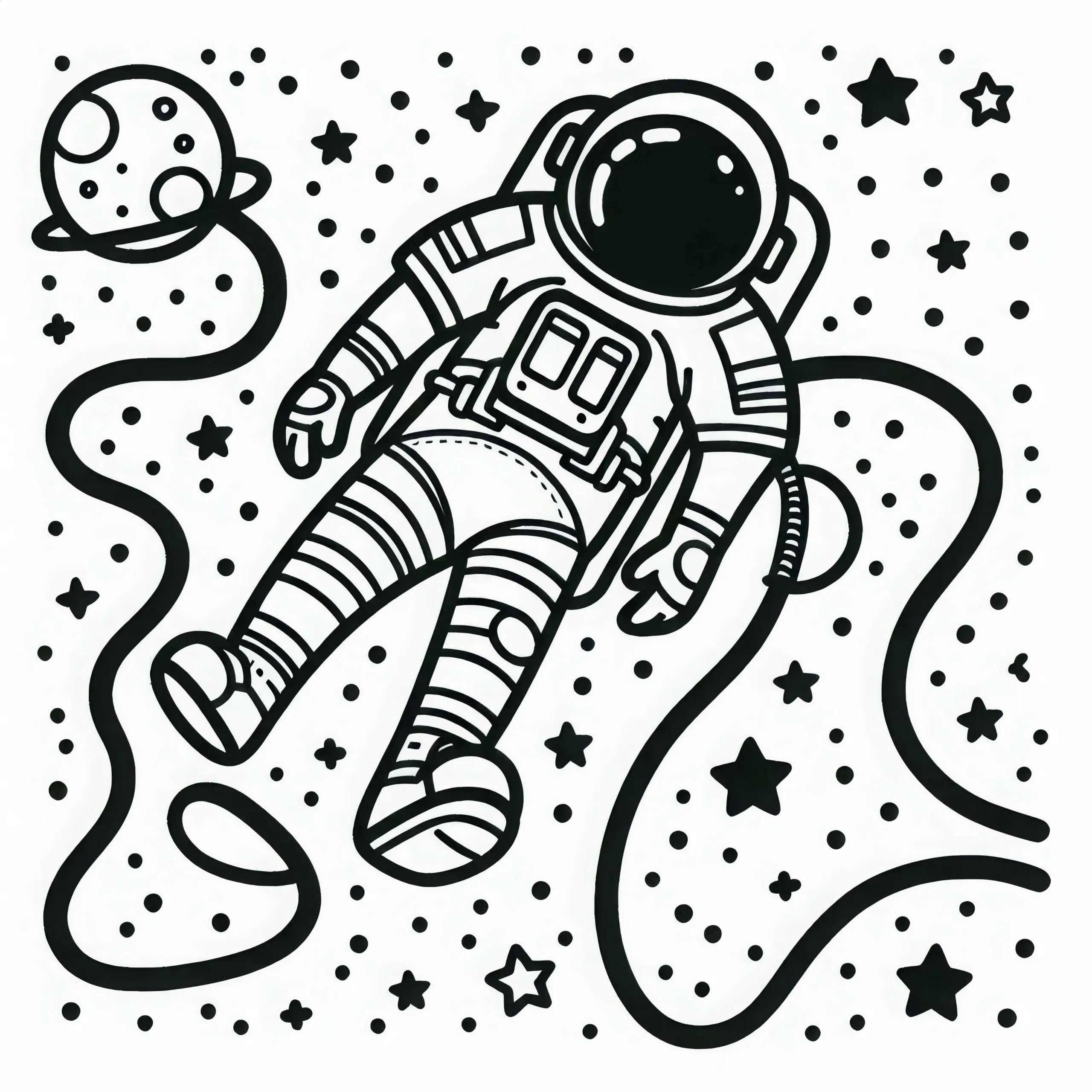 Überschrift: Weltraumspaziergang eines Astronauten – Malvorlage einfach kostenlos (Ausmalbild)
