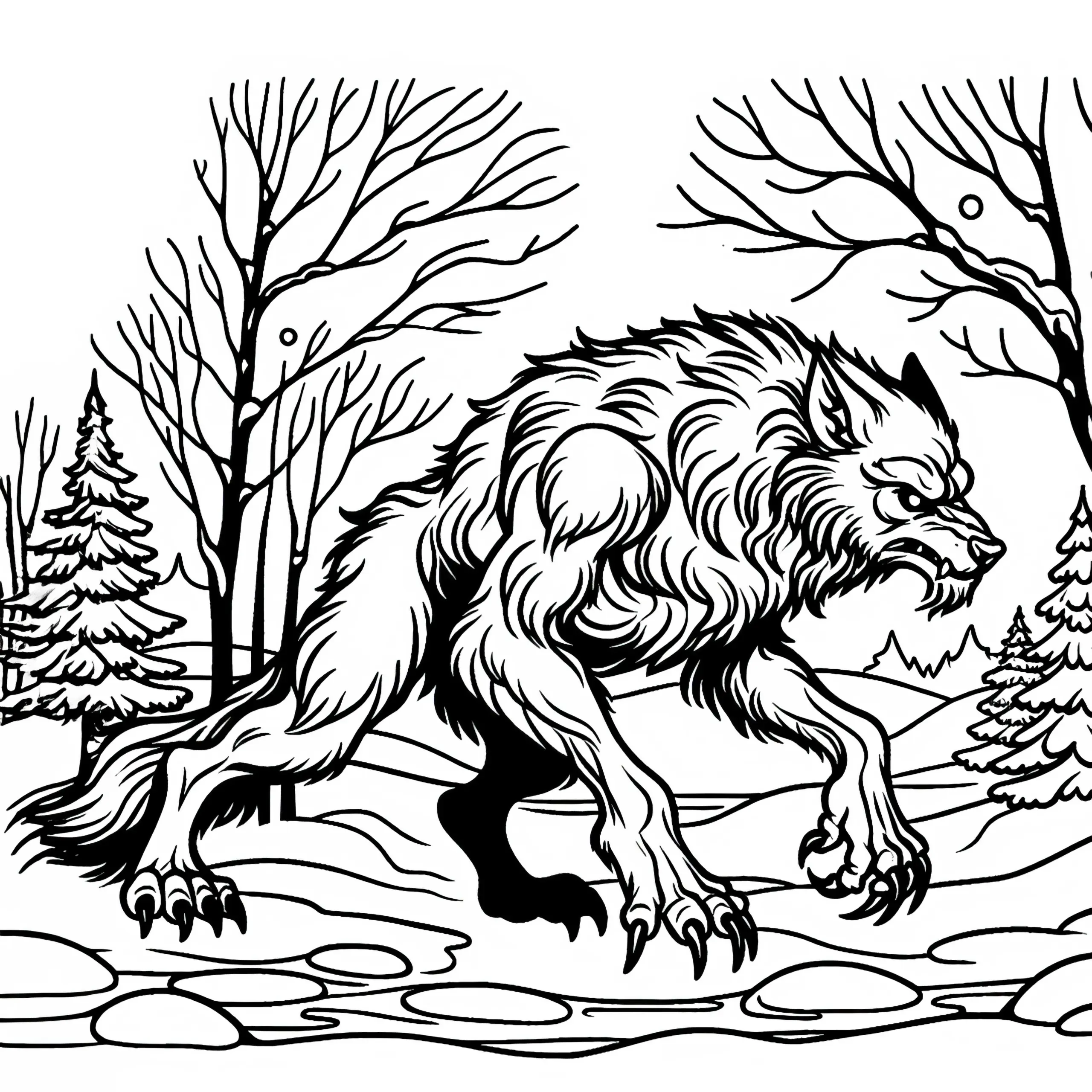 Werwolf durchstreift verschneite Landschaft mit geduckter Haltung: Ausmalbild zum Download (Gratis)