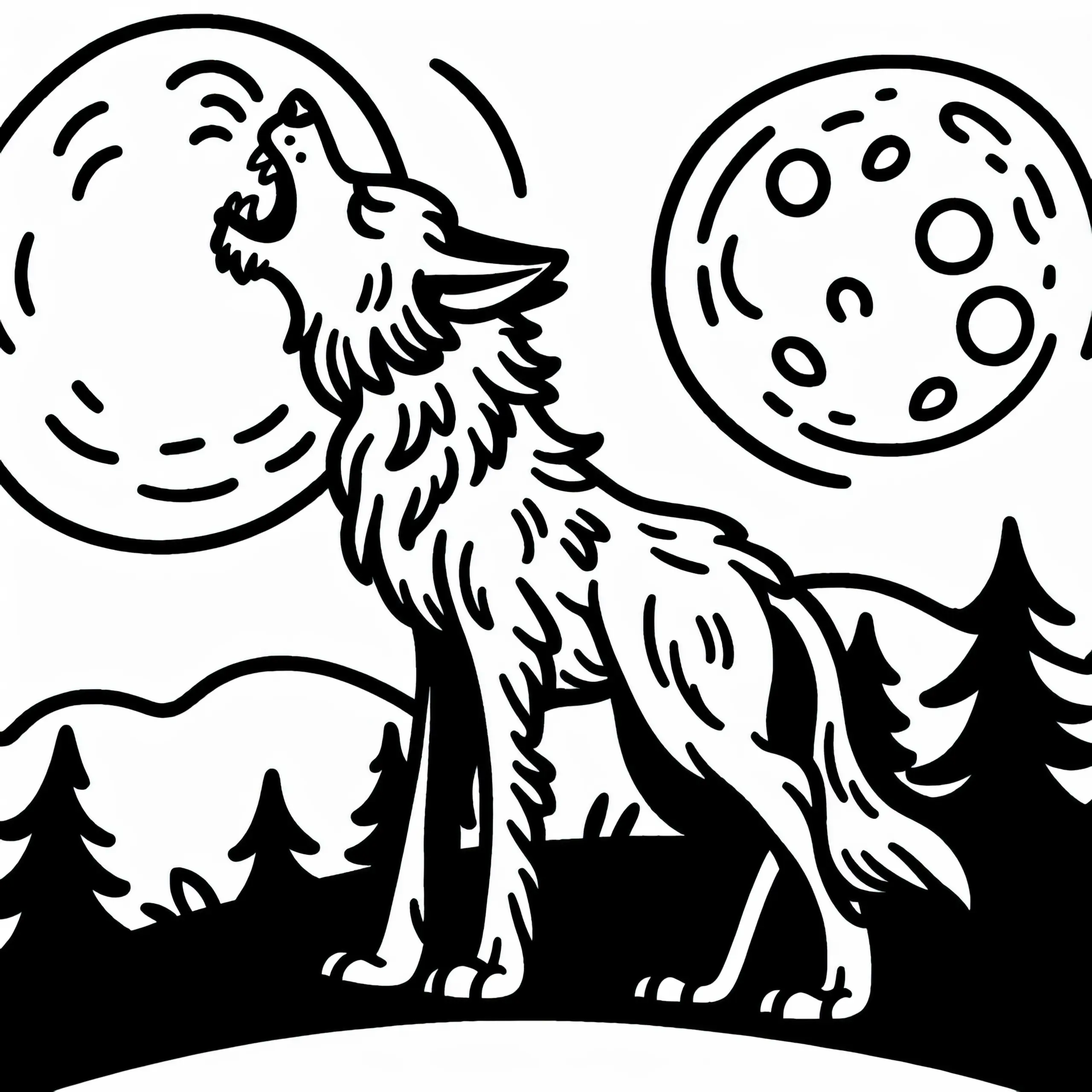 Werwolf steht auf Hügel und heult den Mond an: Kostenlos Malvorlage (Ausmalbild)