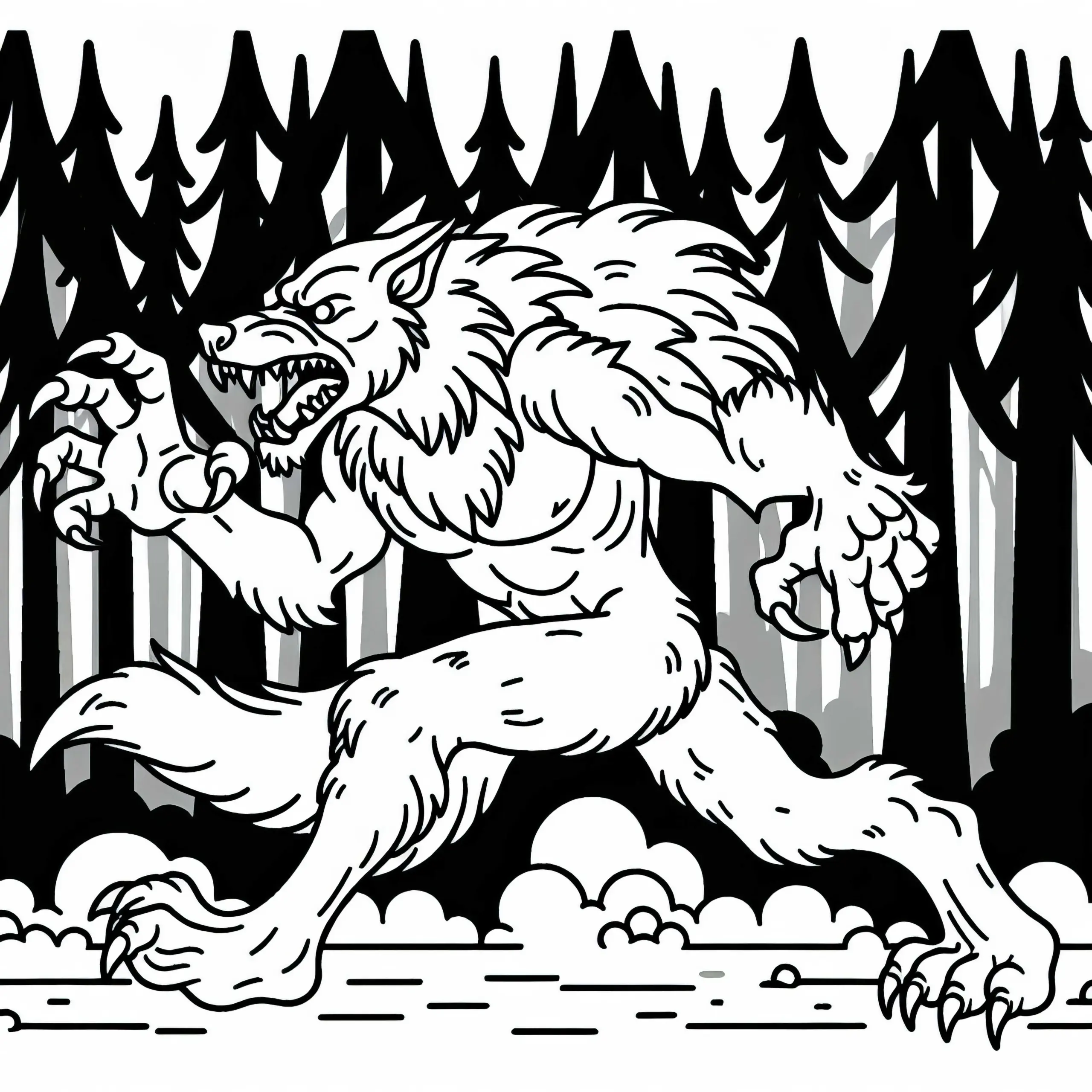 Werwolf jagt durch nebligen Wald mit scharfen Krallen: Ausmalbild zum Download (Kostenlos)