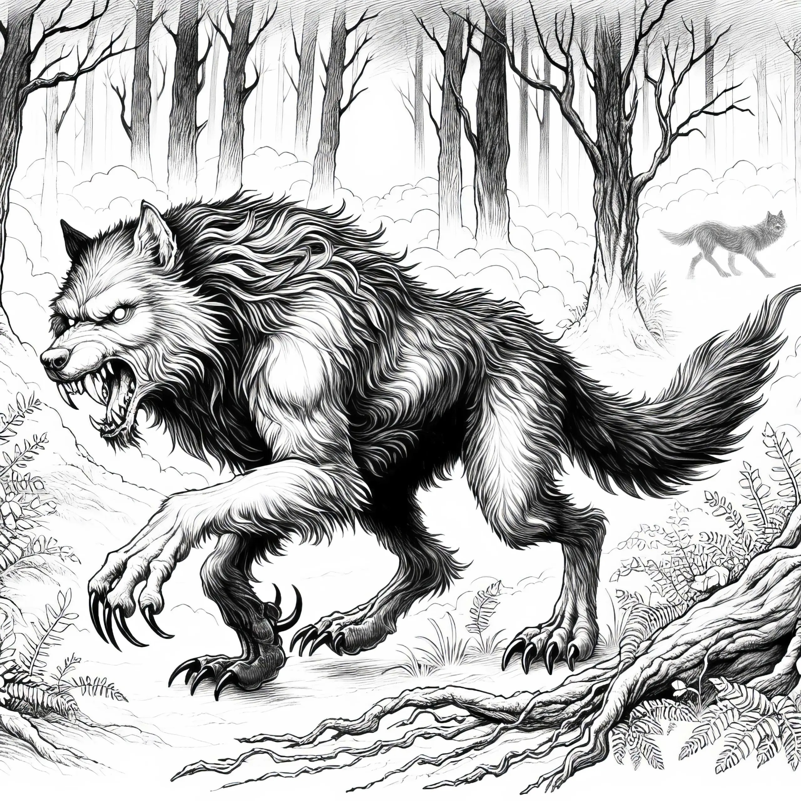 Werwolf jagt mit scharfen Krallen durch nebligen Wald: Gratis Ausmalbild