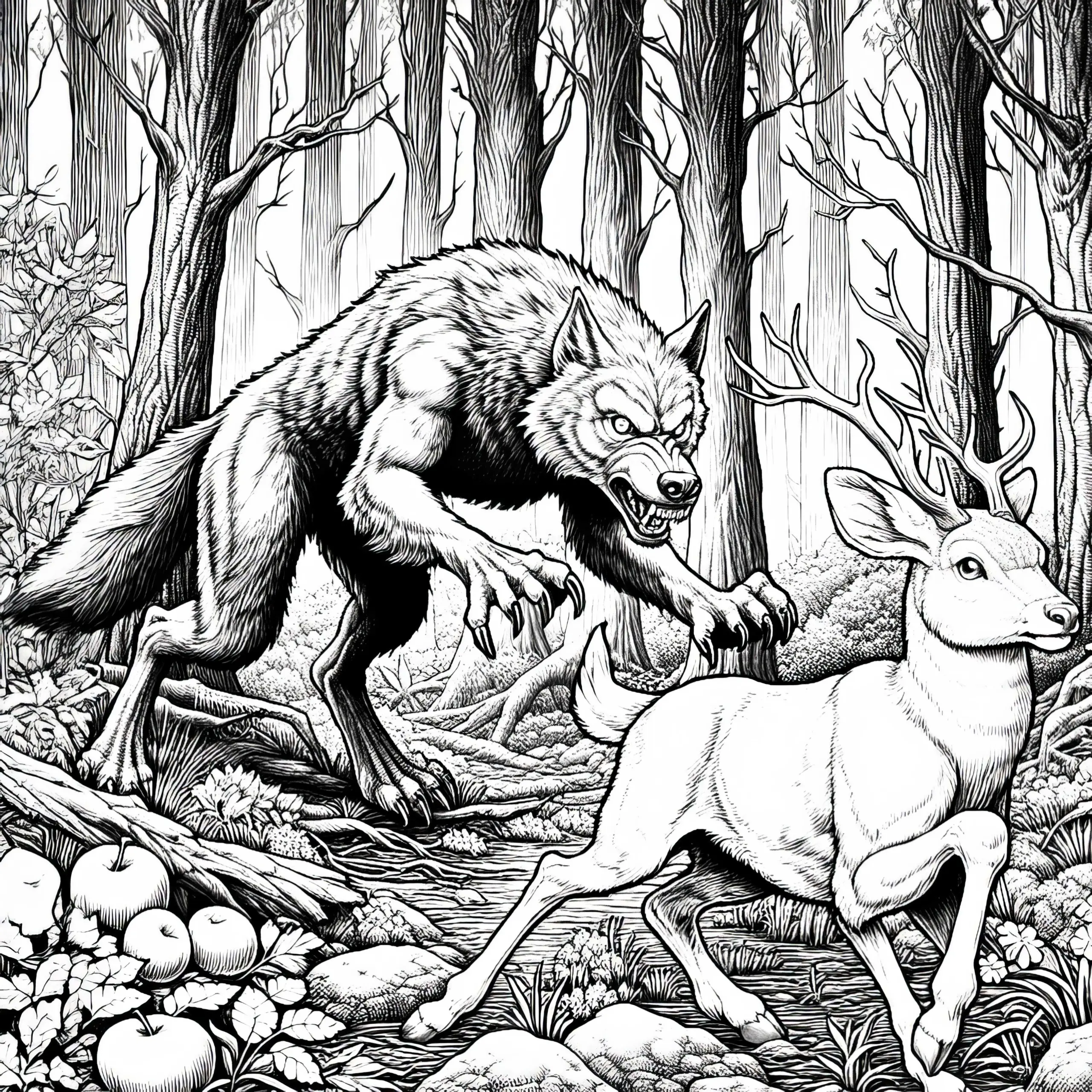 Werwolf jagt Wildtier durch dunklen Wald: Detaillierte Malvorlage (Kostenlos) (Ausmalbild)