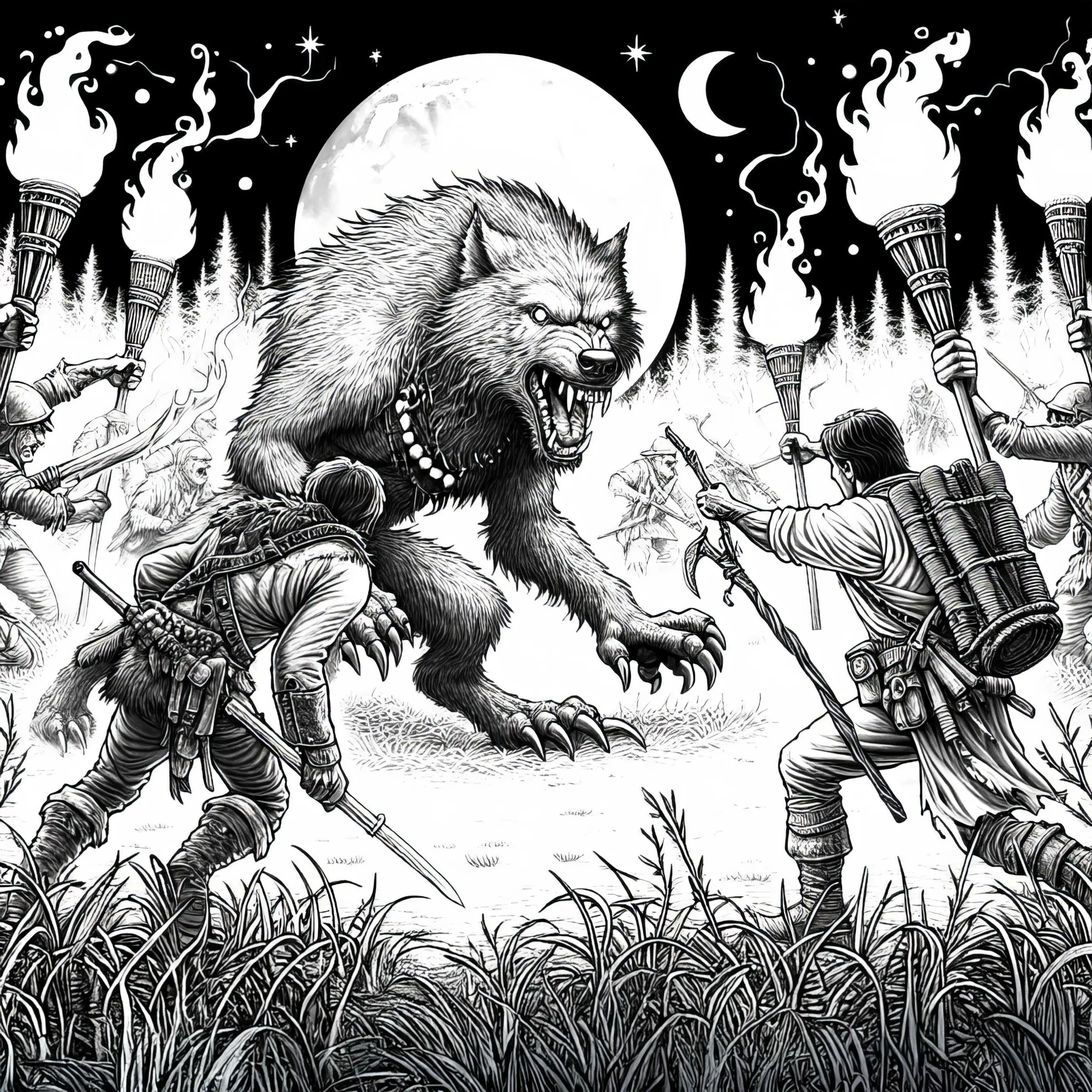 Werwolf kämpft gegen Jäger: Ausmalbild kostenlos zum Download