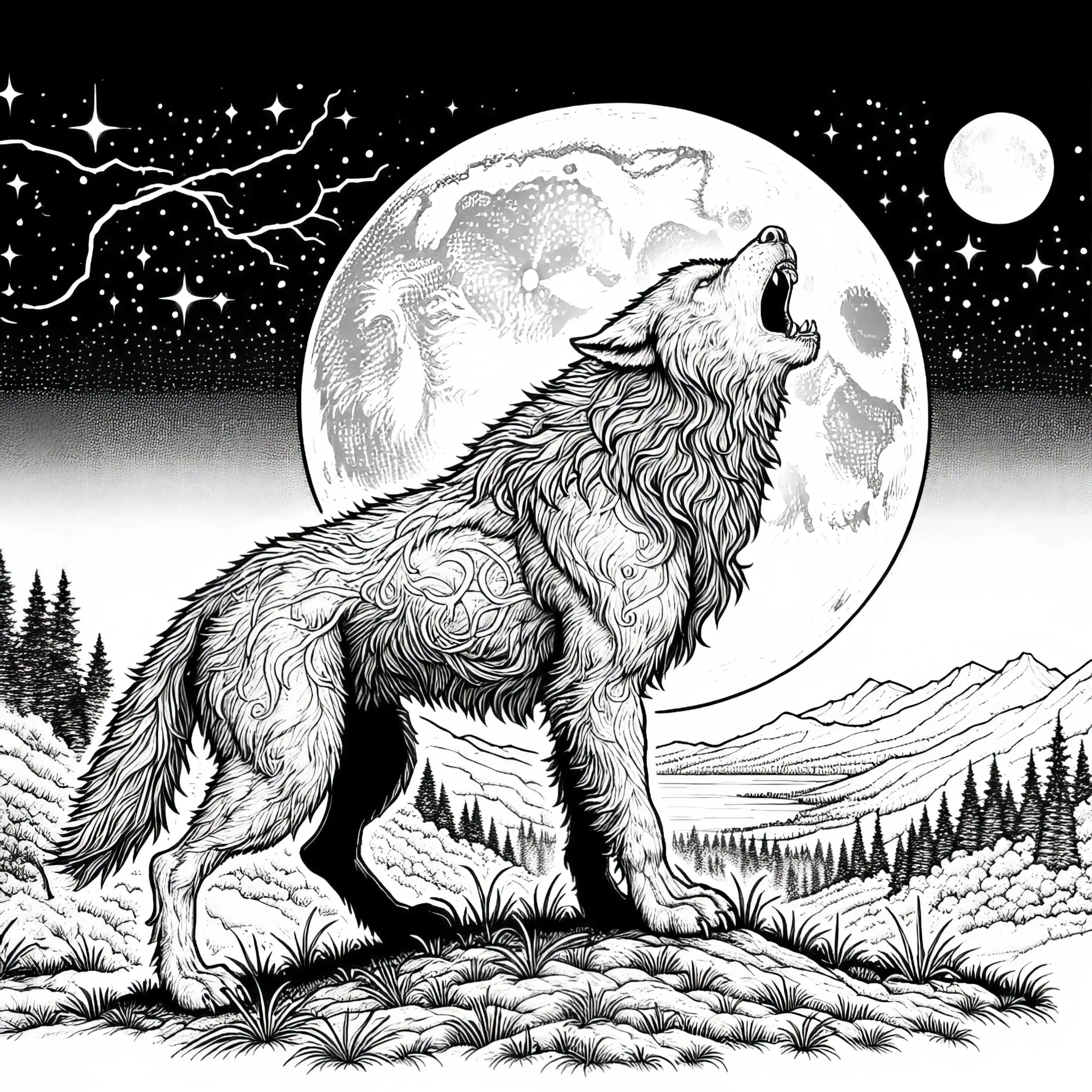 Werwolf steht auf Hügel und heult den Mond an: Ausmalbild zum Herunterladen (Kostenlos)