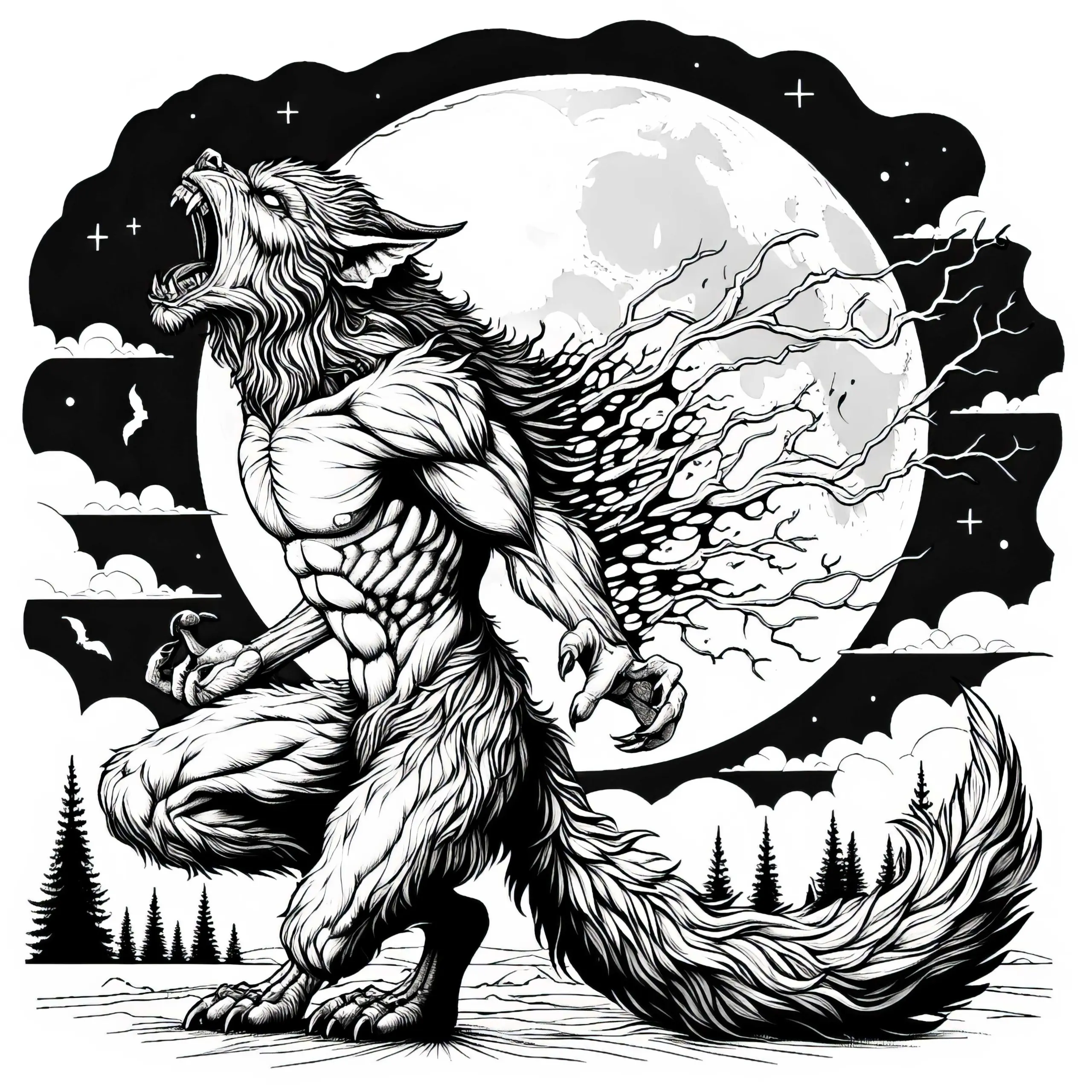 Werwolf verwandelt sich bei Vollmond mit wildem Heulen als Malvorlage (Gratis) (Ausmalbild)