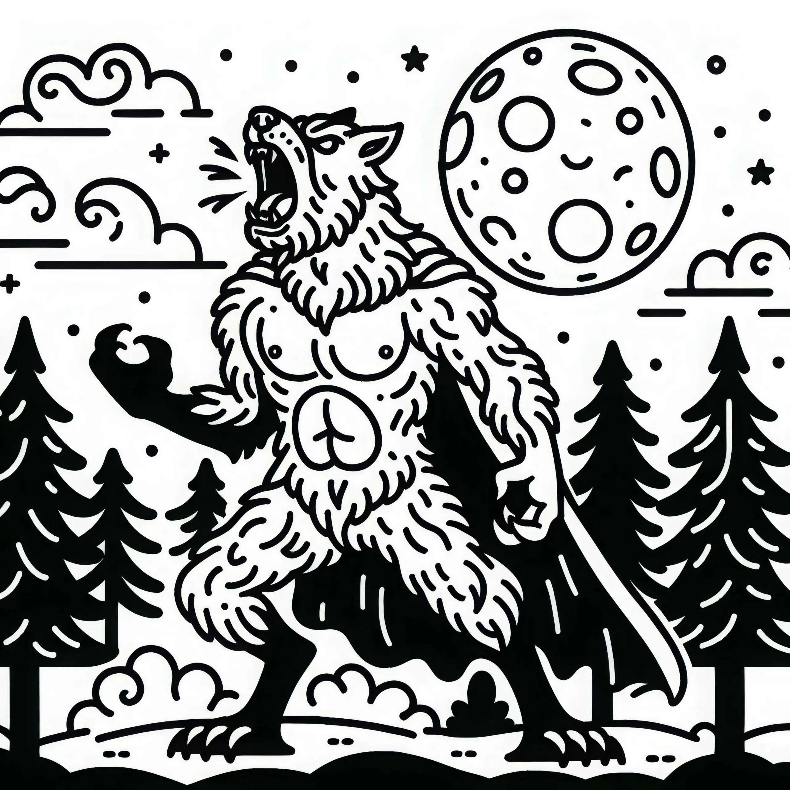 Werwolf verwandelt sich bei Vollmond mit einem wilden Heulen als Ausmalbild (Kostenlos)