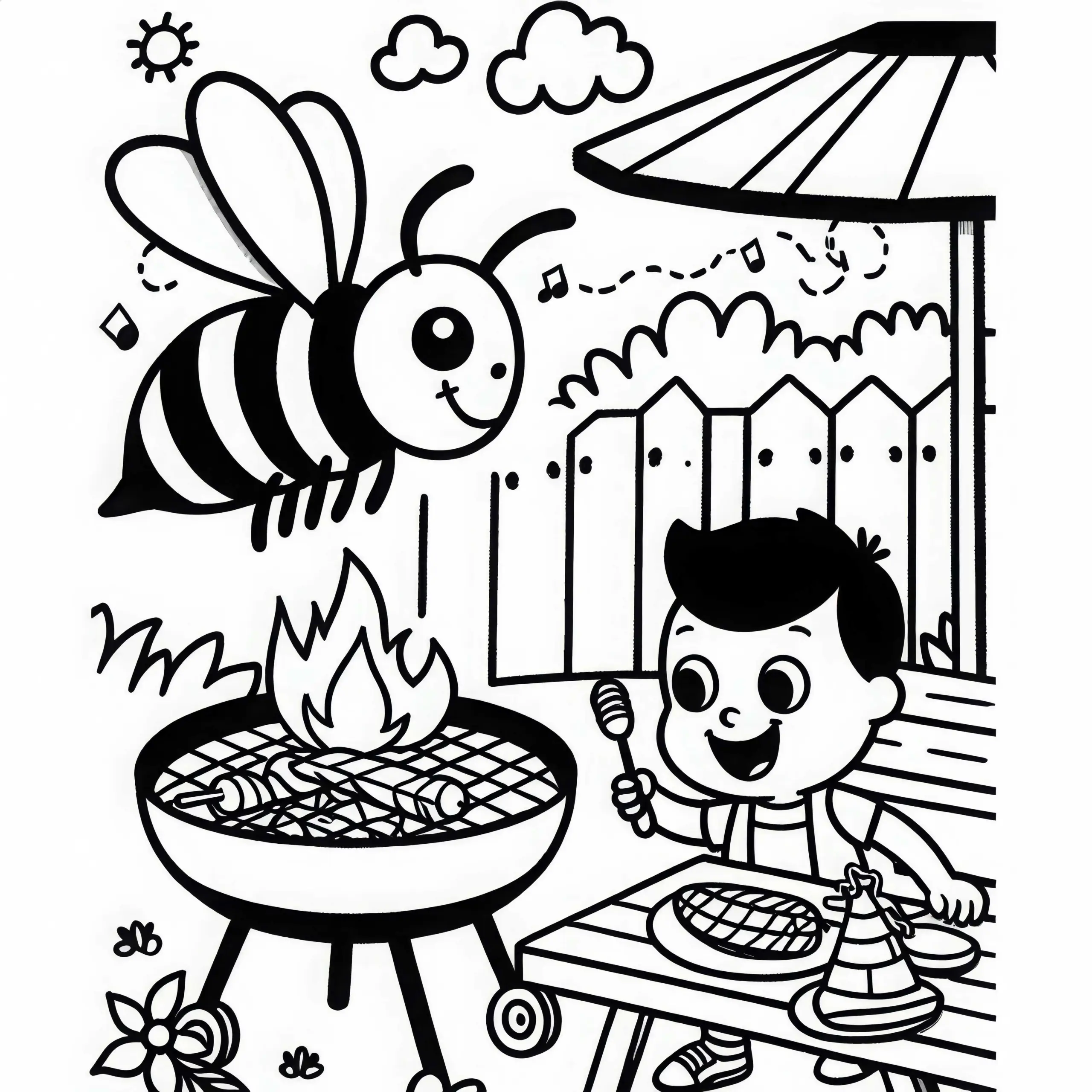 Wespe am Grill im Sommer: Ausmalvorlage zum Download (Kostenlos) (Ausmalbild)