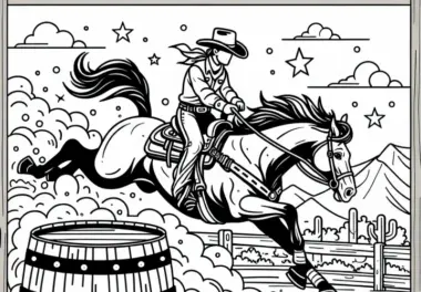 Westernpferd mit Reiter beim Barrel Race – Ausmalbild gratis