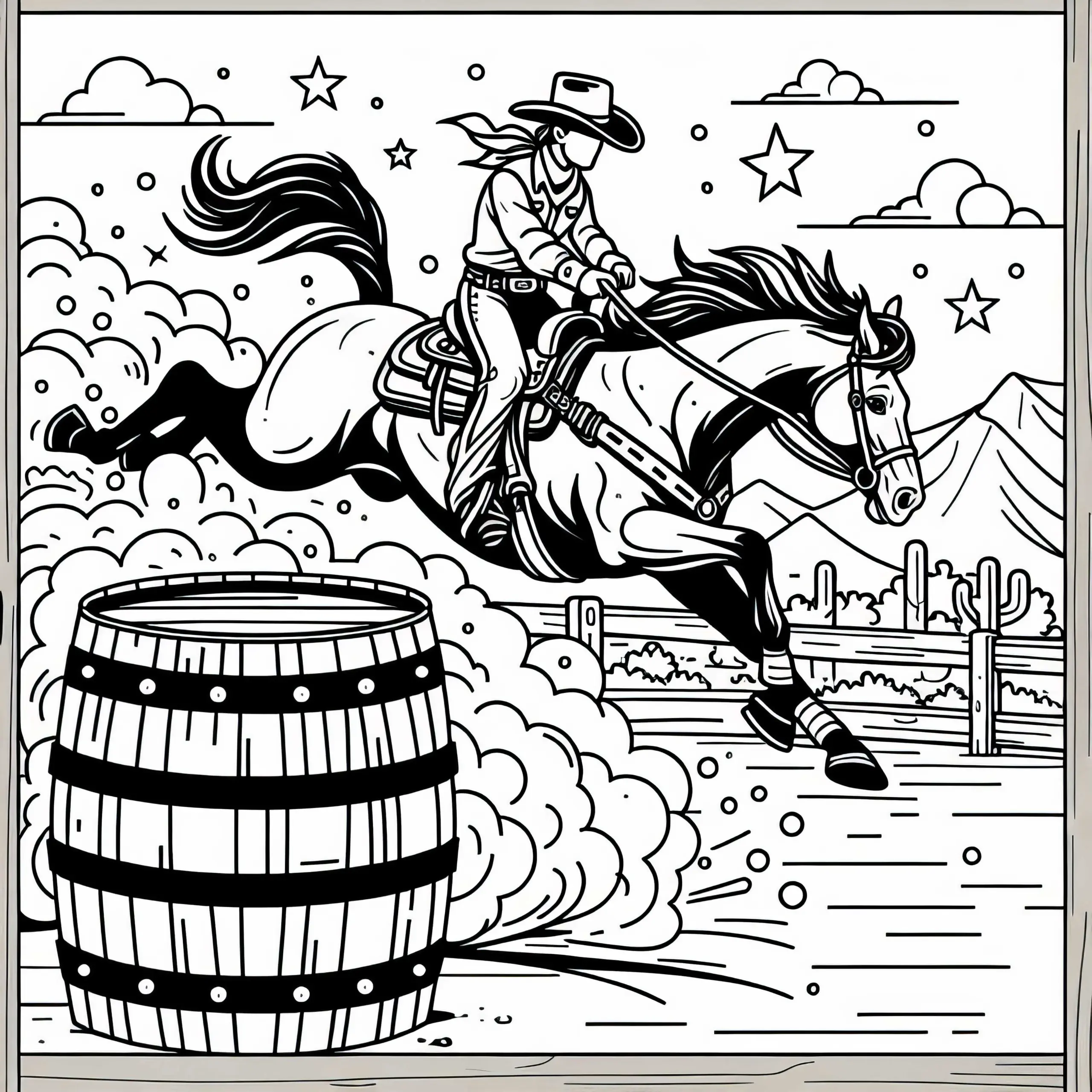Westernpferd mit Reiter beim Barrel Race – Ausmalbild gratis