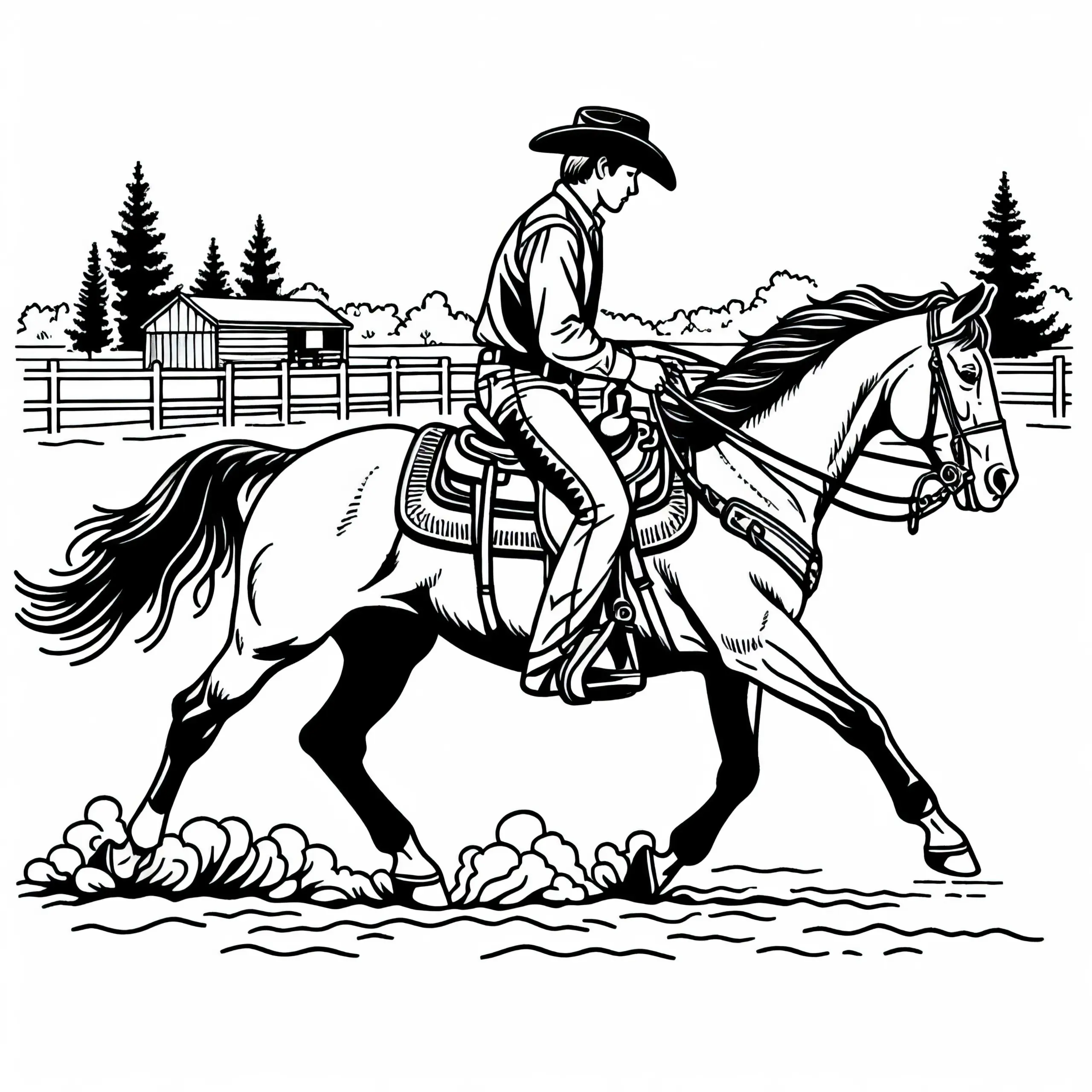 Westernreiter lenkt Pferd mit feinen Zügelbewegungen – Malvorlage kostenlos (Ausmalbild)