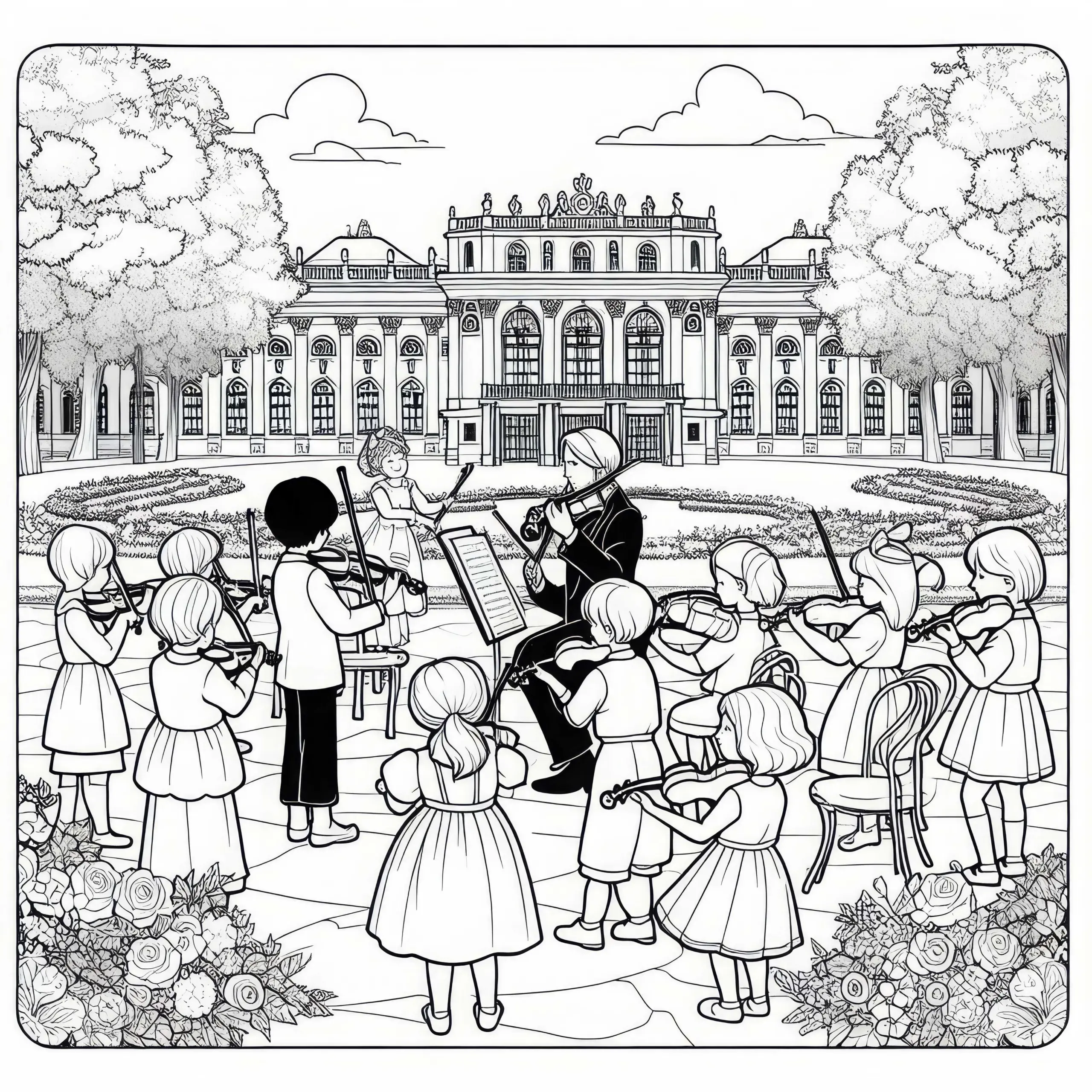 Wien: Kleines Orchester spielt im Schlossgarten – Malvorlage gratis (Ausmalbild)