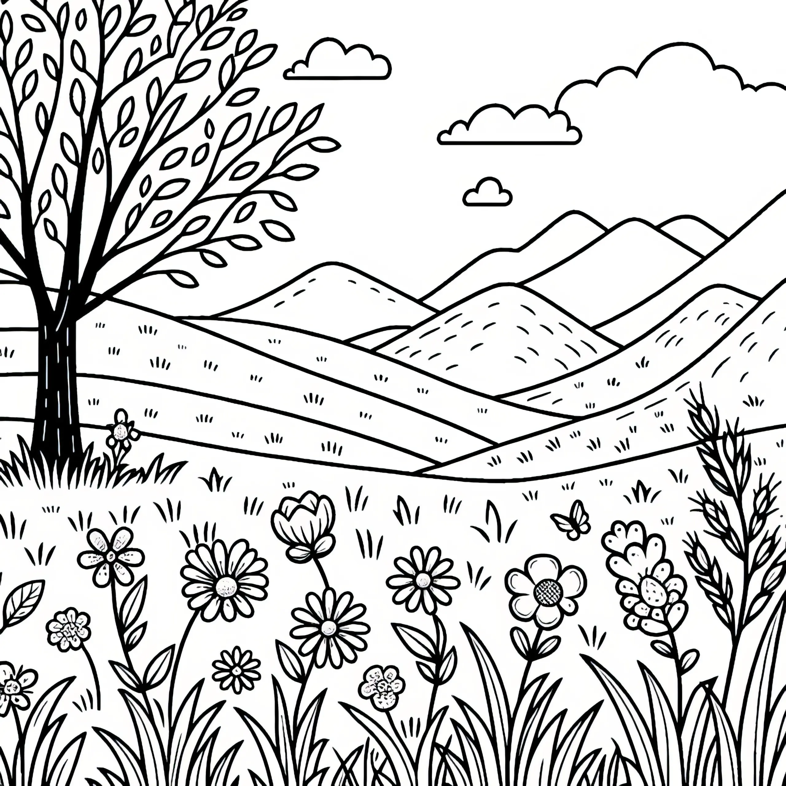 Wiese, Blumen & Gras im Frühling: kostenlose Malvorlage (Ausmalbild)