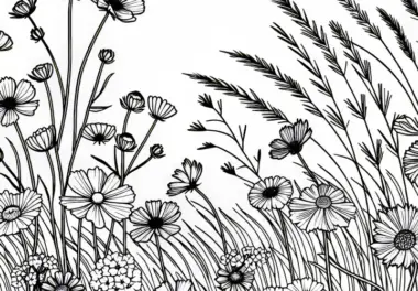 Wiese mit verschiedenen Wildblumenarten im Wind – Malvorlage kostenlos