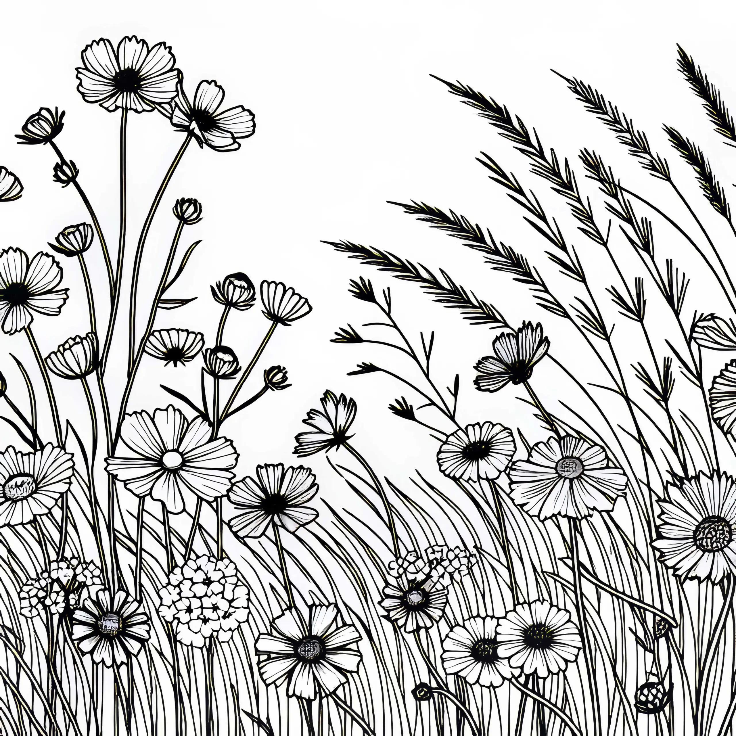 Wiese mit verschiedenen Wildblumenarten im Wind – Malvorlage kostenlos (Ausmalbild)