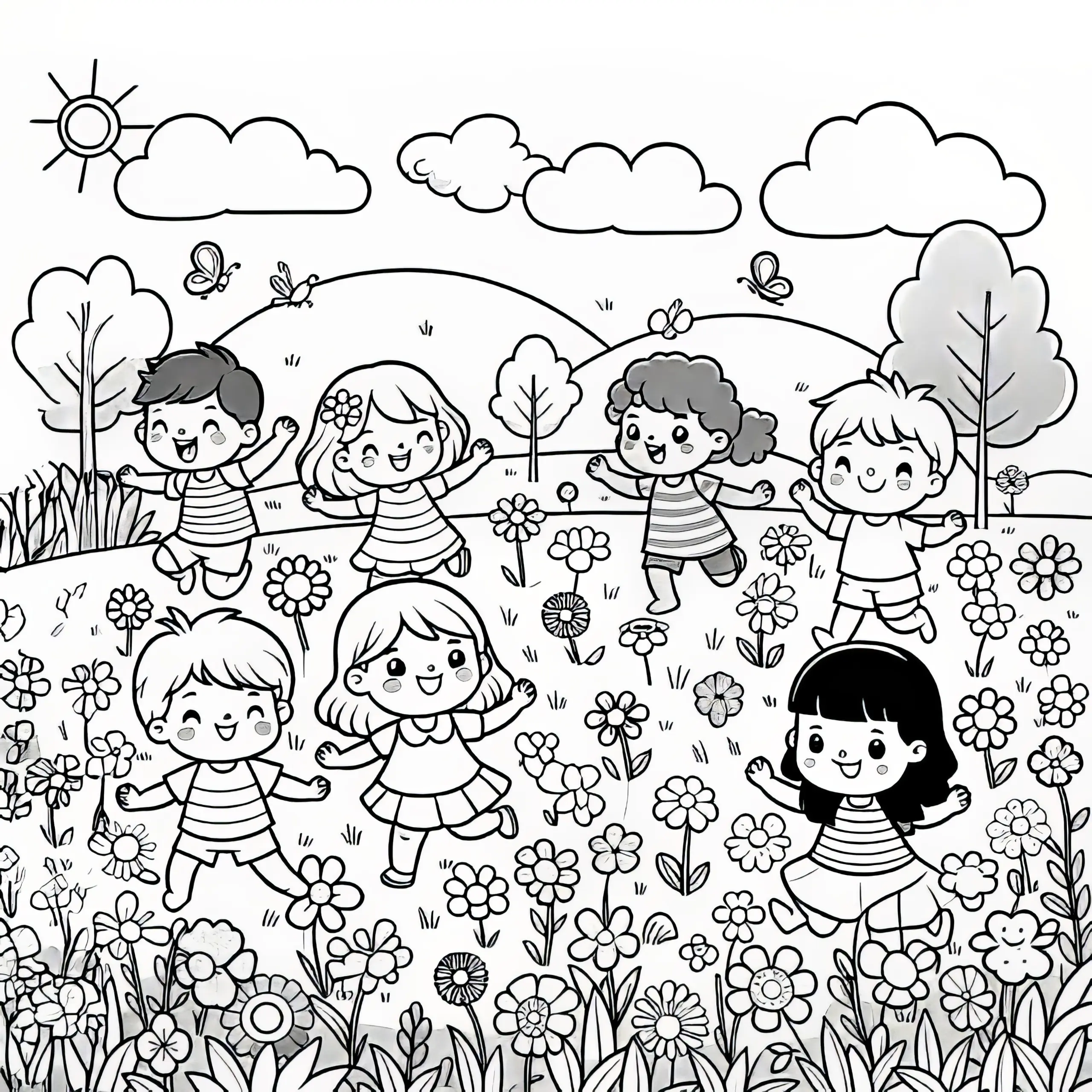 Wiese voller Blumen mit spielenden Kindern im April: Gratis Ausmalbild