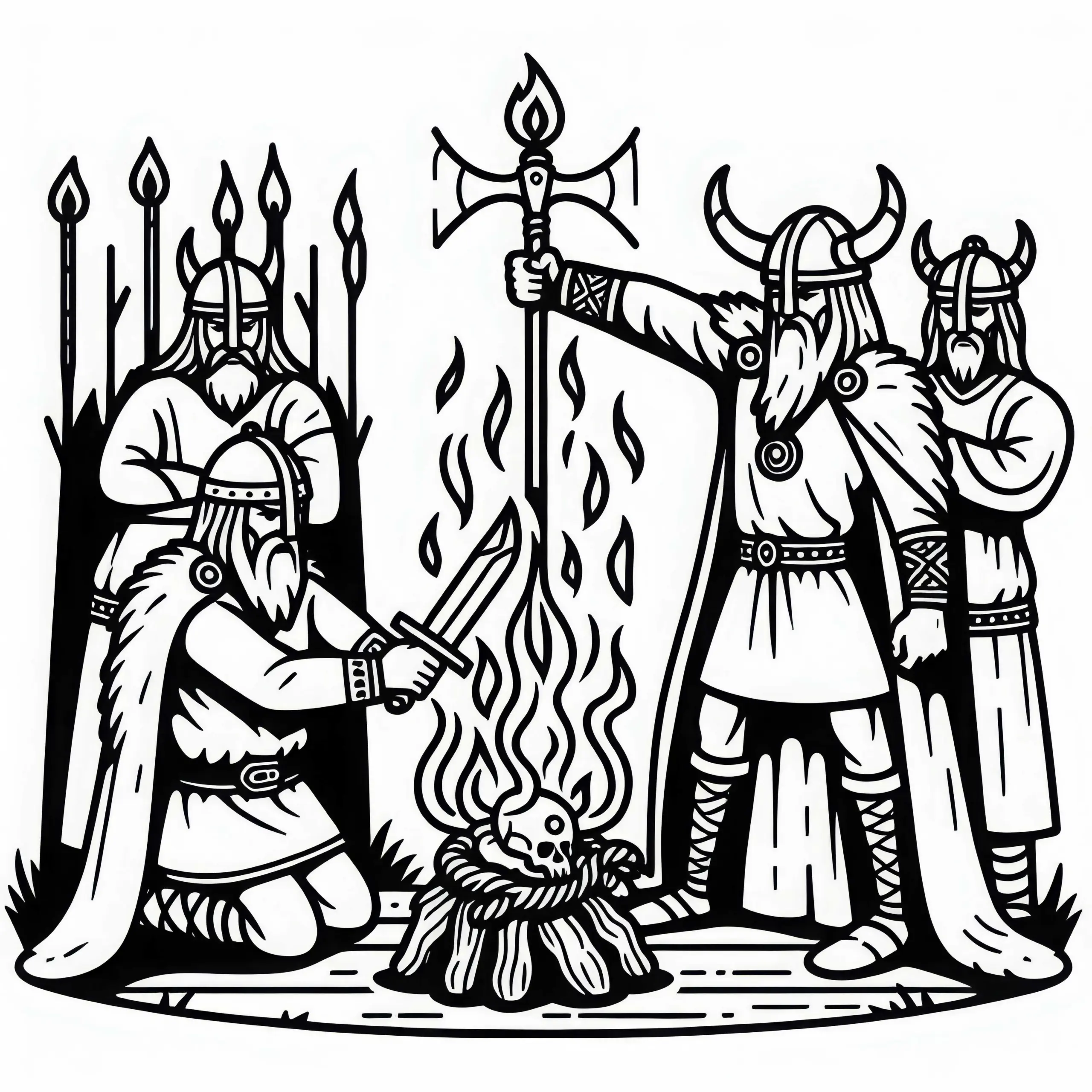 Wikinger, die Odin vor der Schlacht Opfer bringen – Malvorlage zur nordischen Mythologie kostenlos (Ausmalbild)