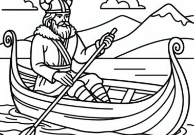 Wikinger rudern ein Langschiff – Ausmalbild für Jungs ab sechs kostenlos