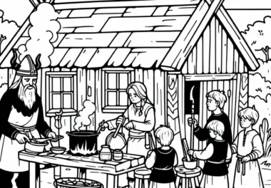 Wikingerküche Kinder helfen beim Kochen Malvorlage gratis