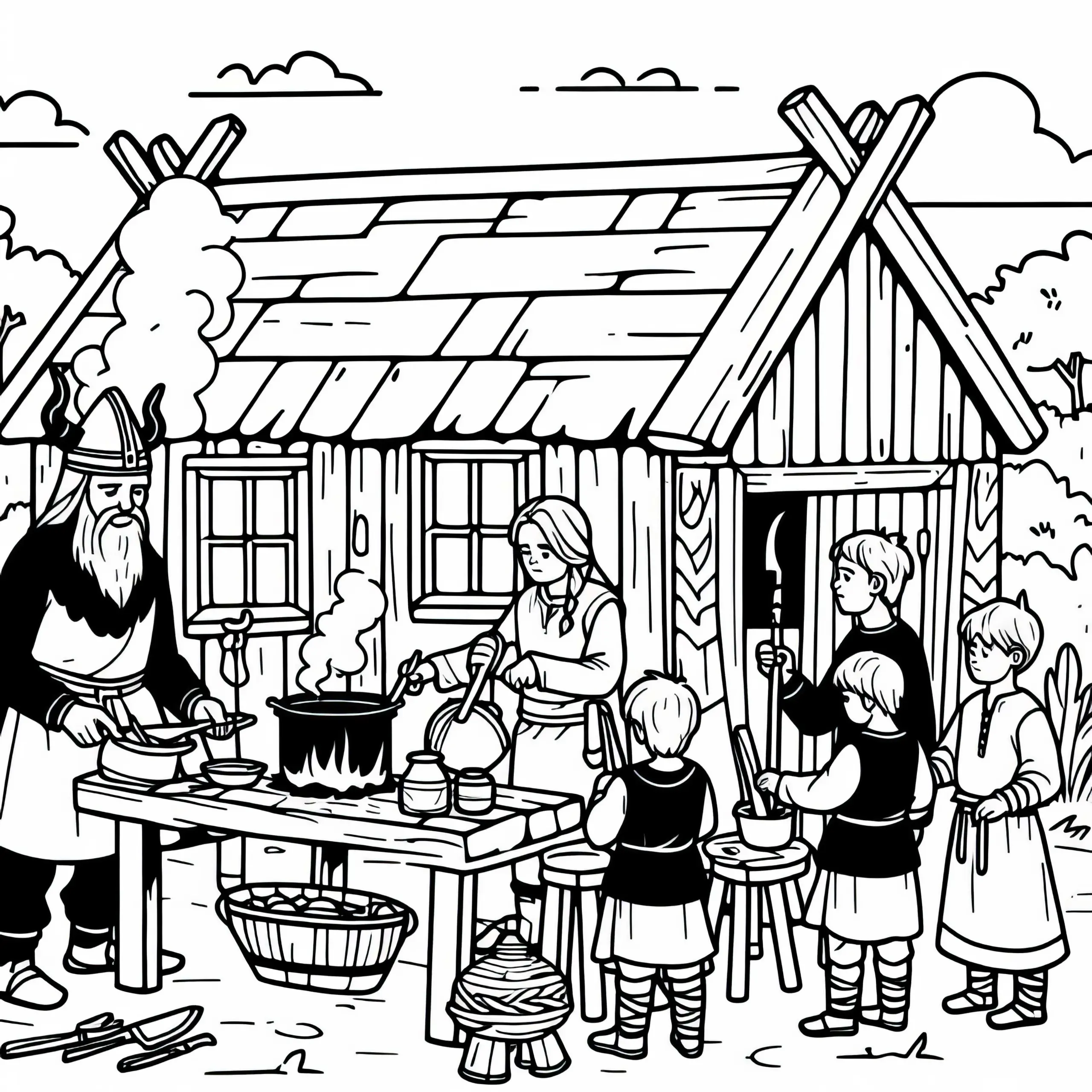 Wikingerküche Kinder helfen beim Kochen Malvorlage gratis (Ausmalbild)