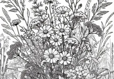 Wildblumen blühen zwischen Gräsern – Malvorlage gratis