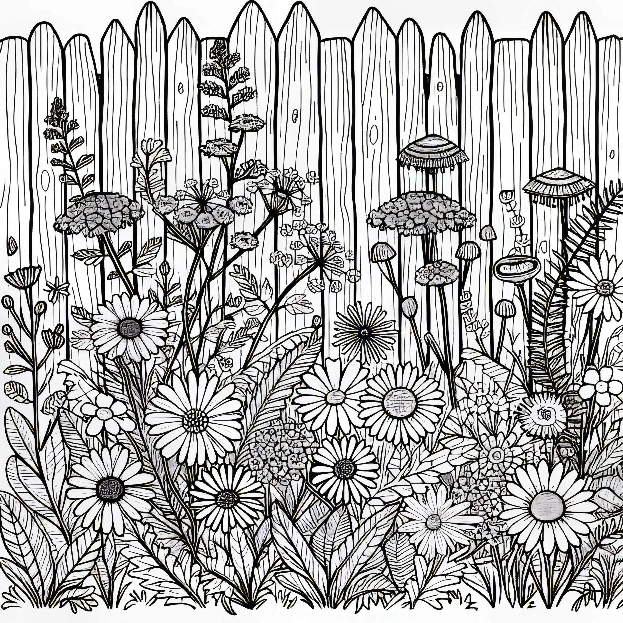 Wildblumen Wachsen am Holzzaun – Malvorlage Kostenlos (Ausmalbild)