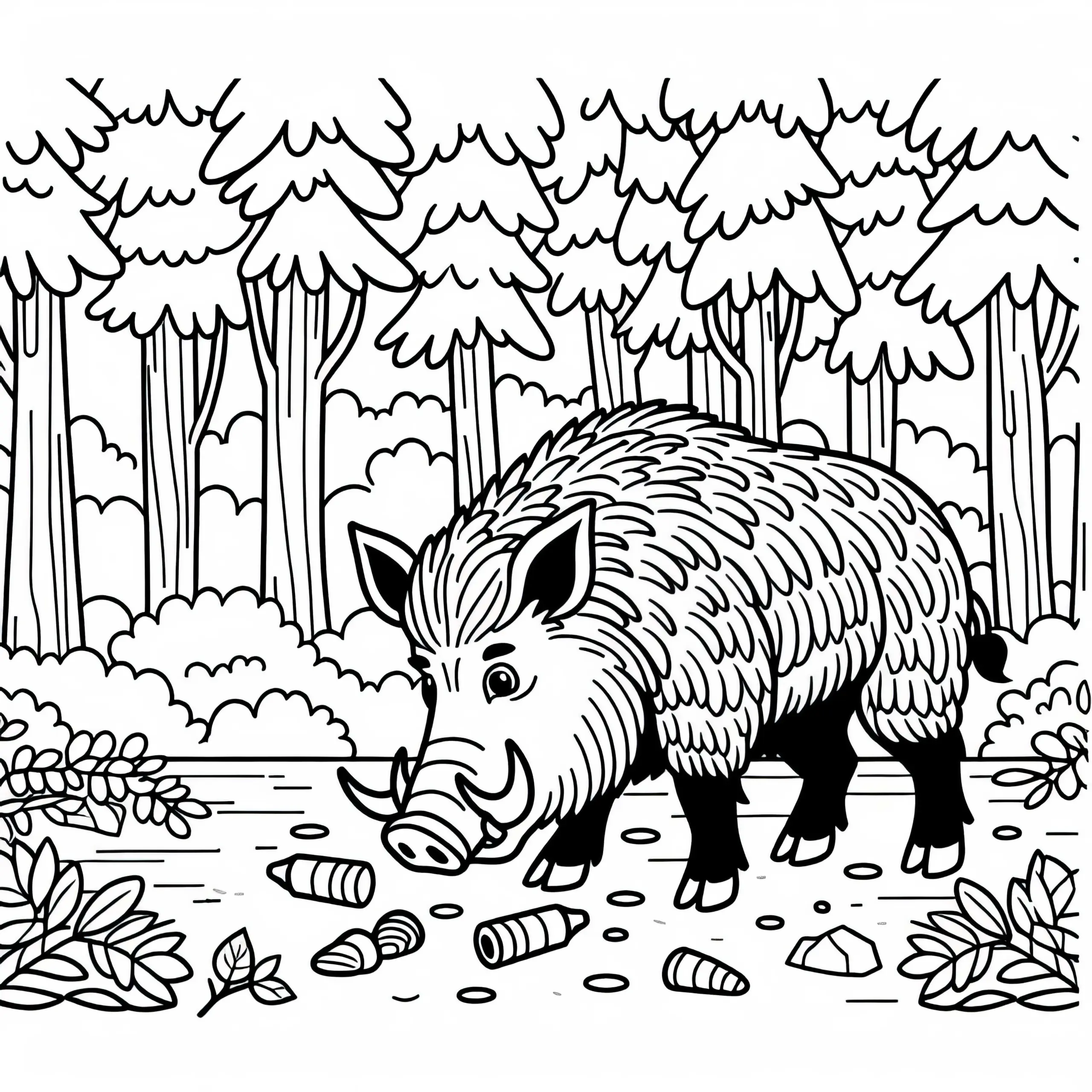 Wildschwein durchwühlt Waldboden nach Futter: Einfache Malvorlage (Kostenlos) (Ausmalbild)