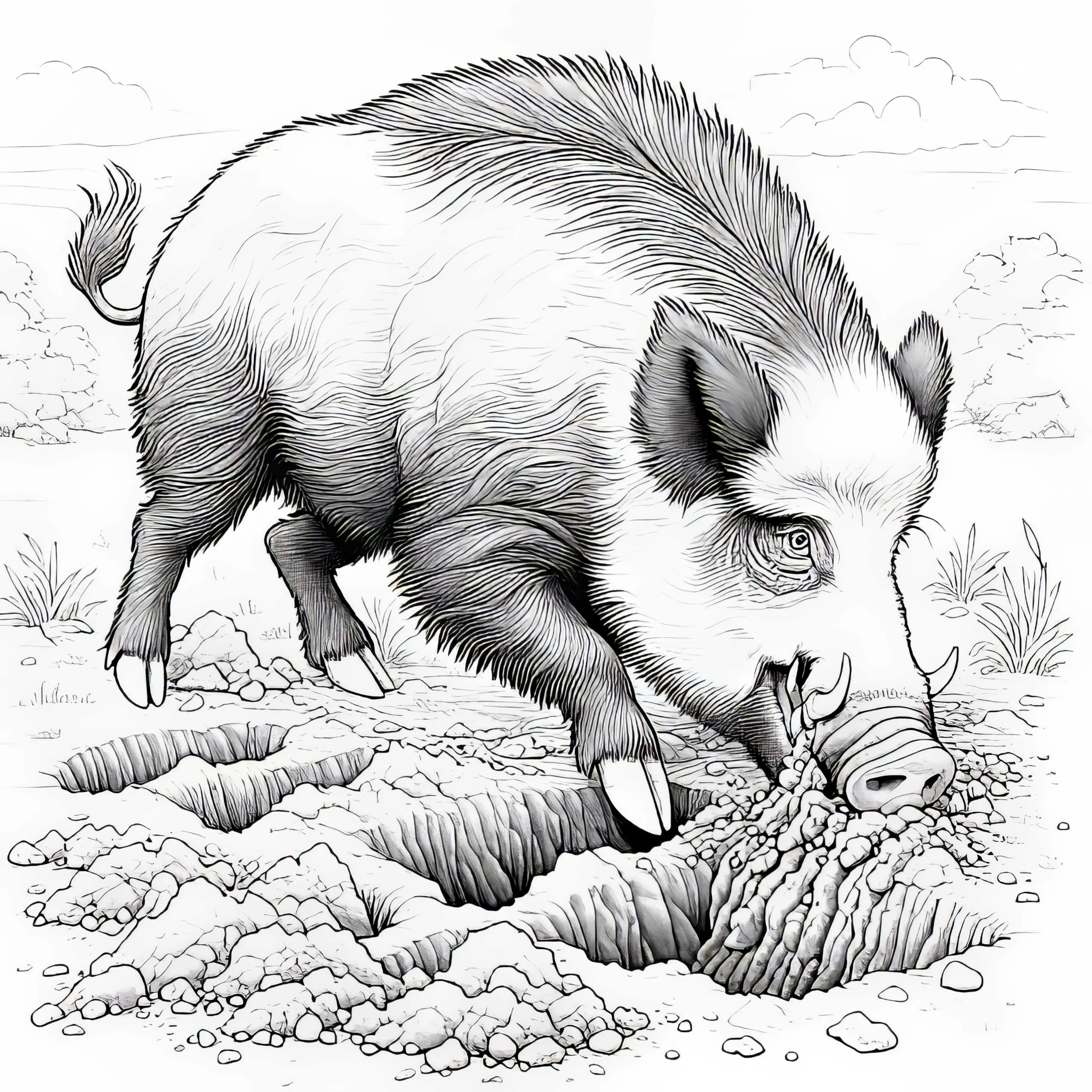 Wildschwein gräbt mit Schnauze im Boden: Kostenloses Ausmalbild