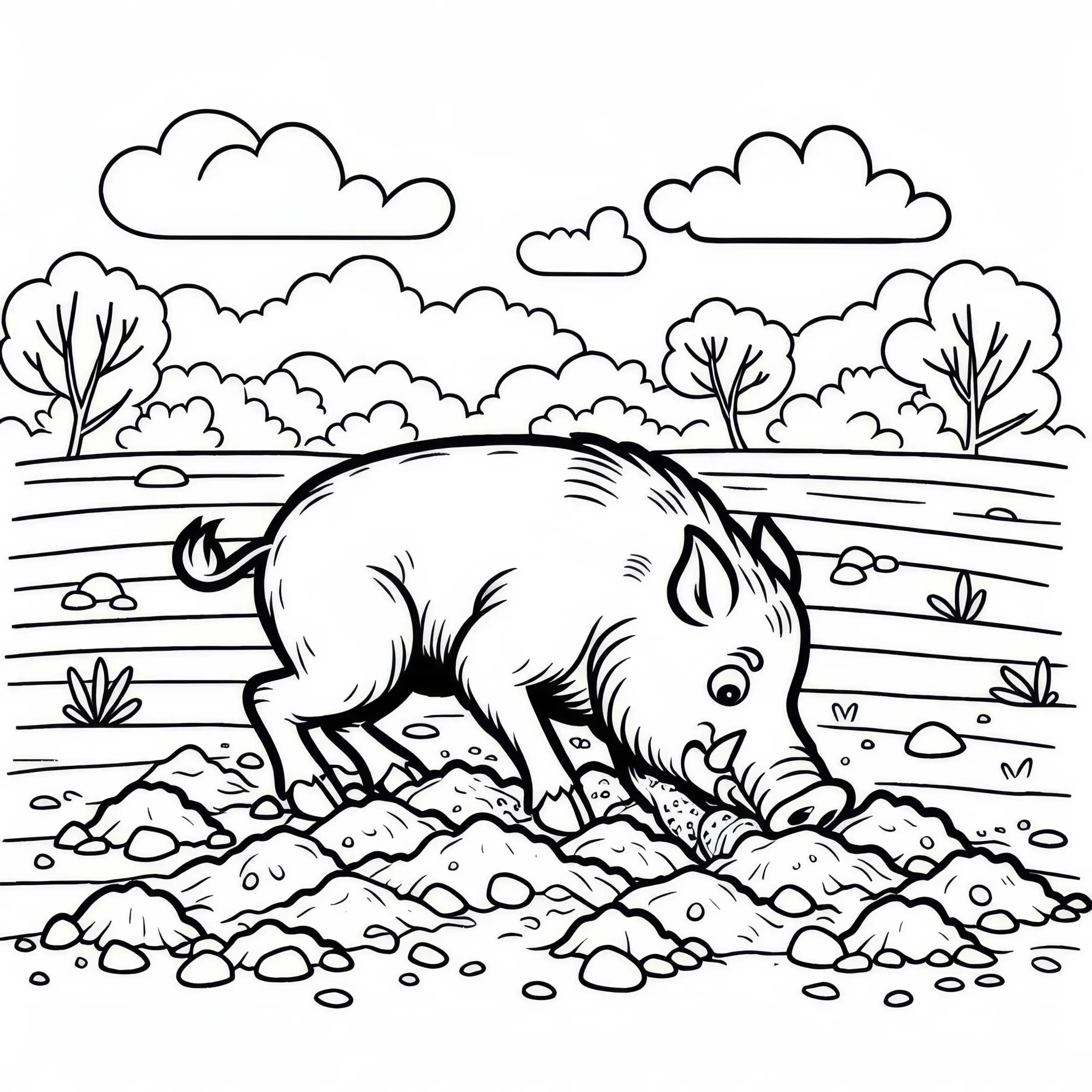 Wildschwein gräbt mit Schnauze tiefe Furchen im Boden: Einfache Malvorlage (Gratis) (Ausmalbild)