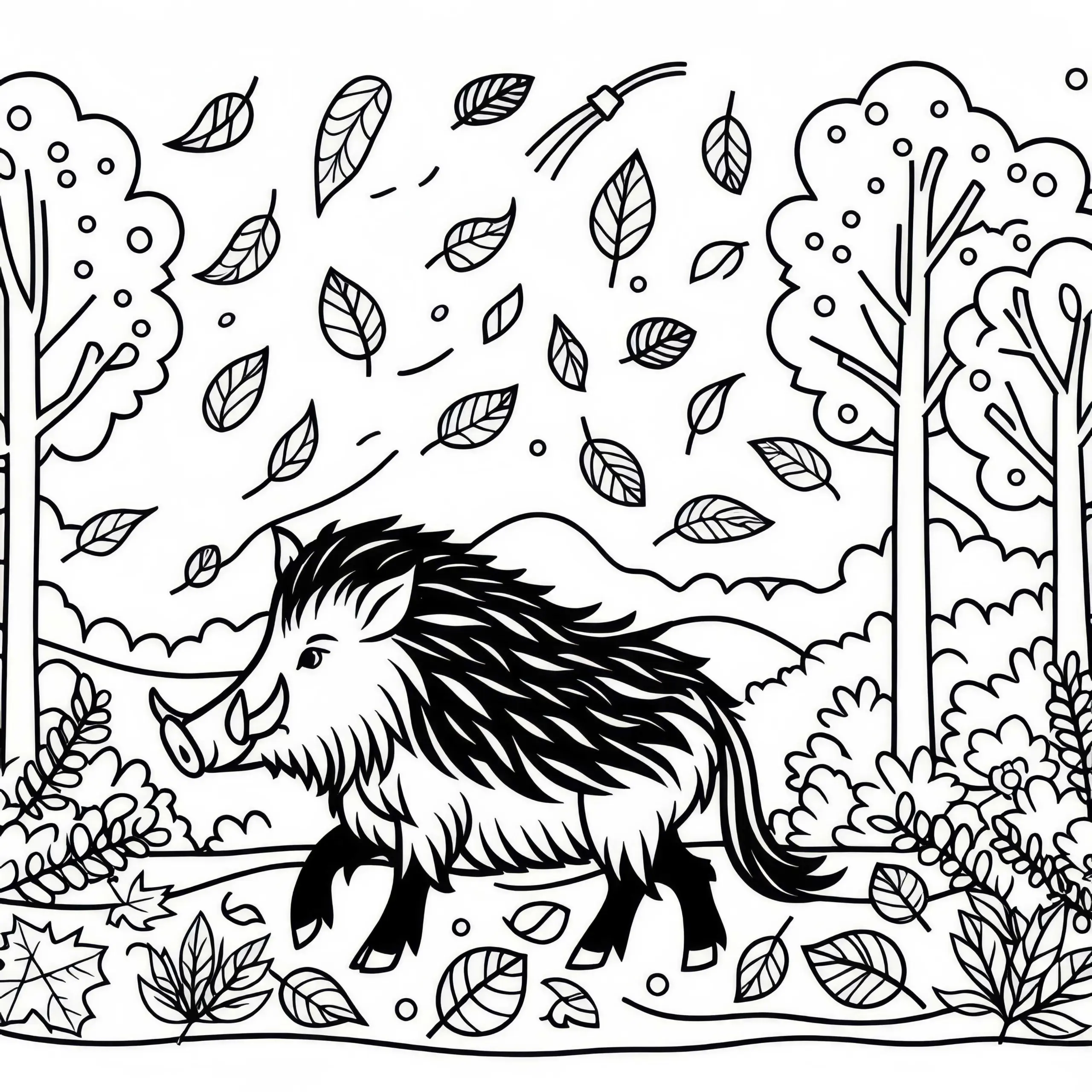 Wildschwein in herbstlicher Landschaft mit fallenden Blättern: Einfaches Ausmalbild (Kostenlos)