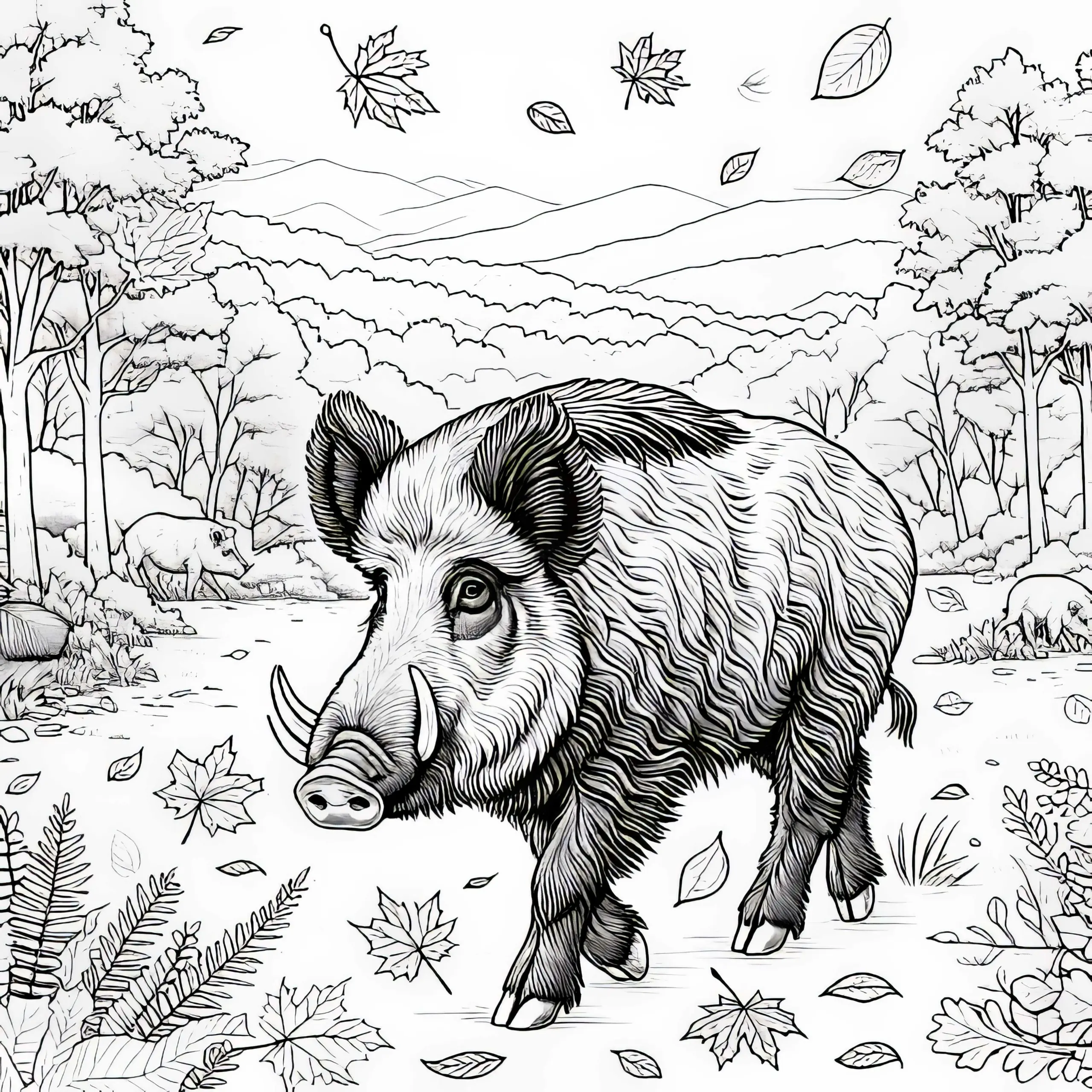 Wildschwein in herbstlicher Landschaft: Gratis Ausmalbild