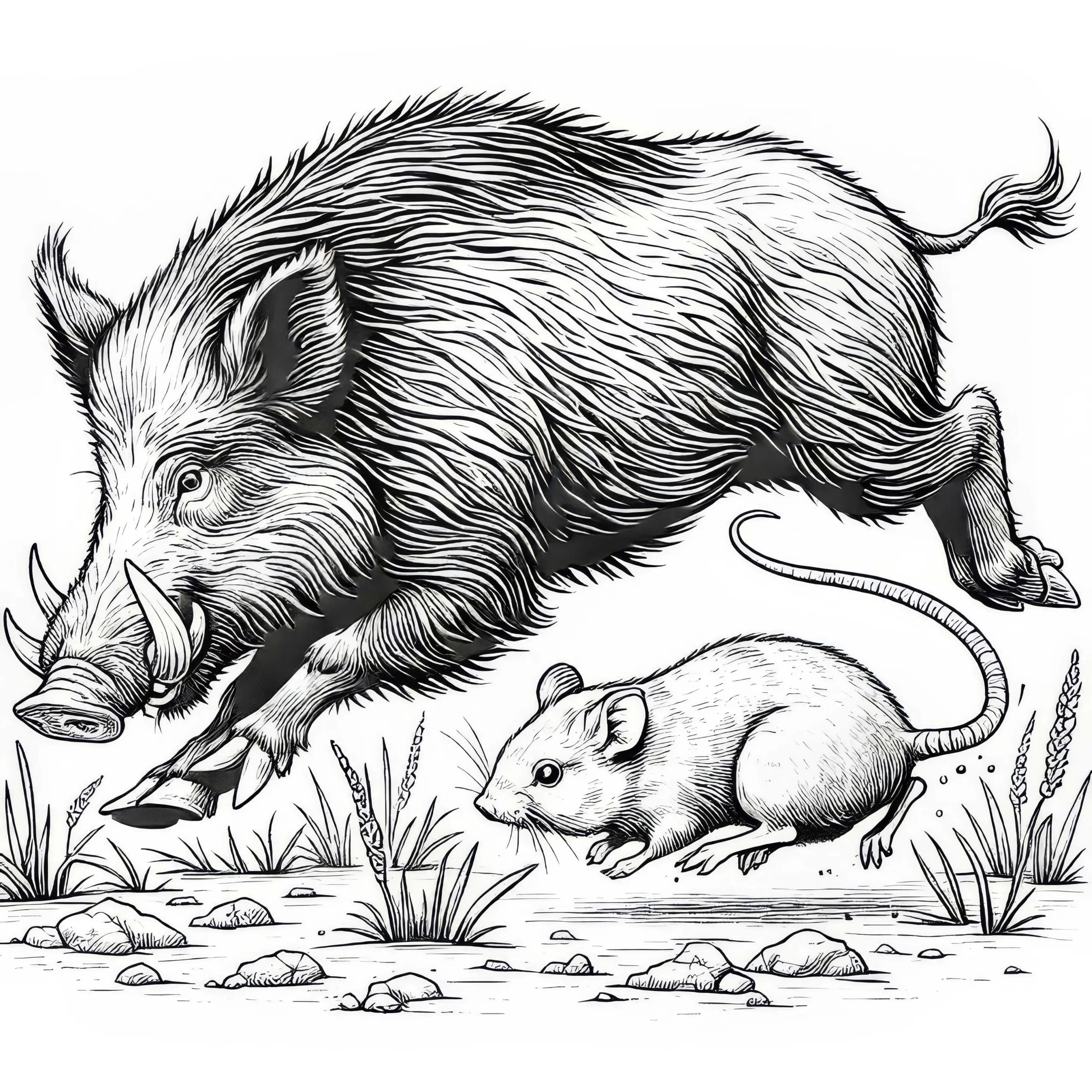 Wildschwein jagt Maus: Ausmalbild zum Herunterladen (Kostenlos)